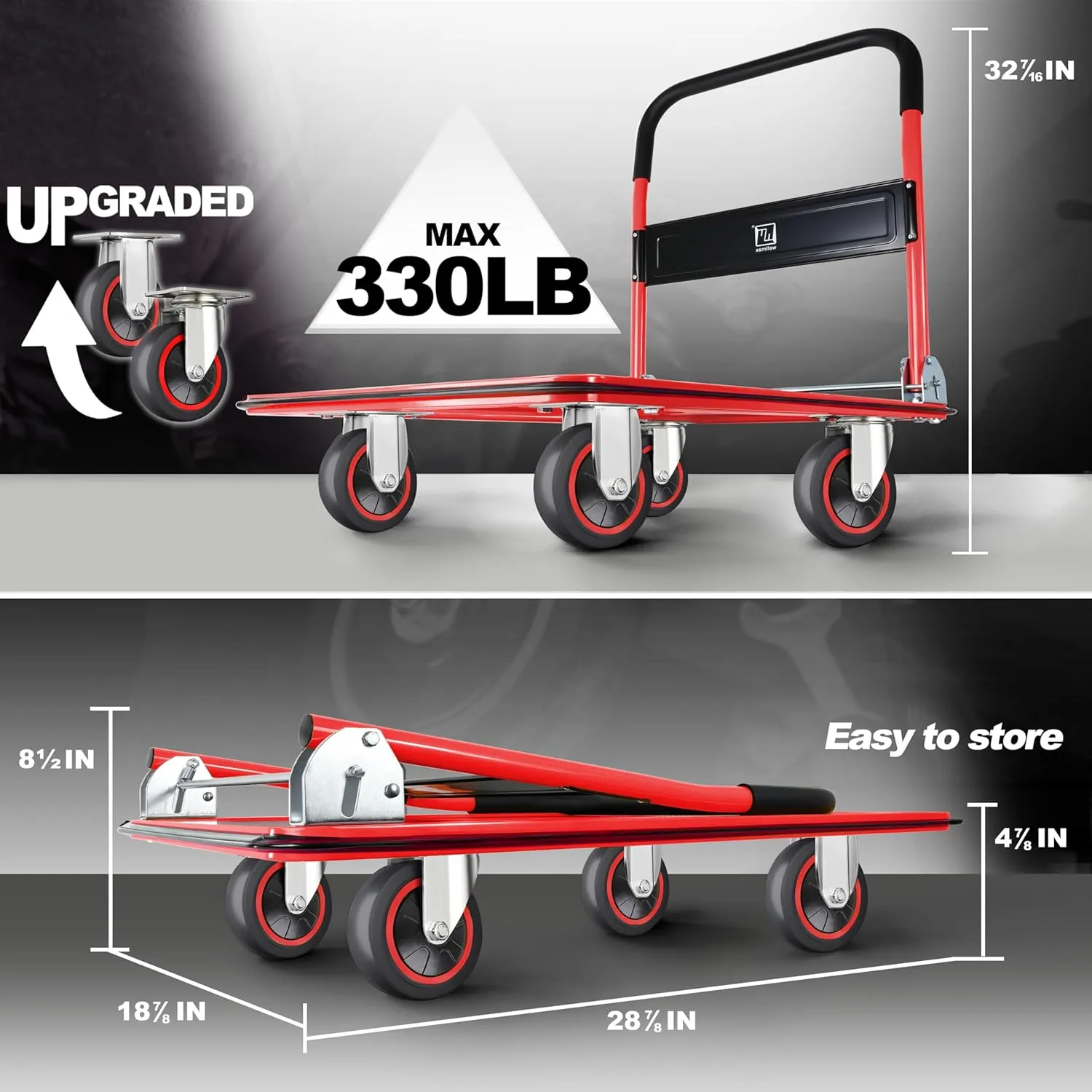 Push Cart Dolly by Wellmax, Moving Platform Hand Truck, Foldable for Easy Storage and 360 Degree Swivel Wheels with 330lb Weight Capacity, Red Color
