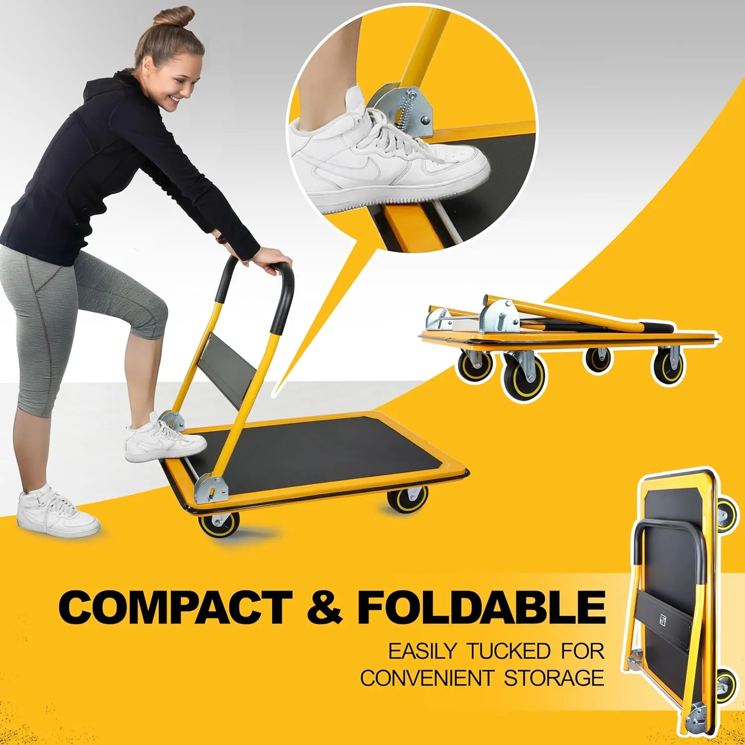 Push Cart Dolly by Wellmax, Moving Platform Hand Truck, Foldable for Easy Storage and 360 Degree Swivel Wheels with 330lb Weight Capacity, Yellow Color