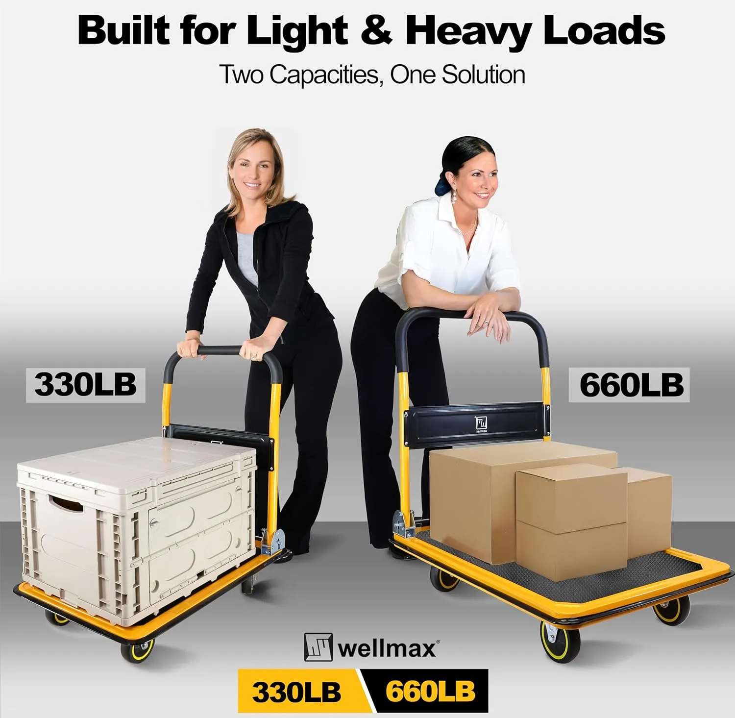 Push Cart Dolly by Wellmax, Moving Platform Hand Truck, Foldable for Easy Storage and 360 Degree Swivel Wheels with 330lb Weight Capacity, Yellow Color
