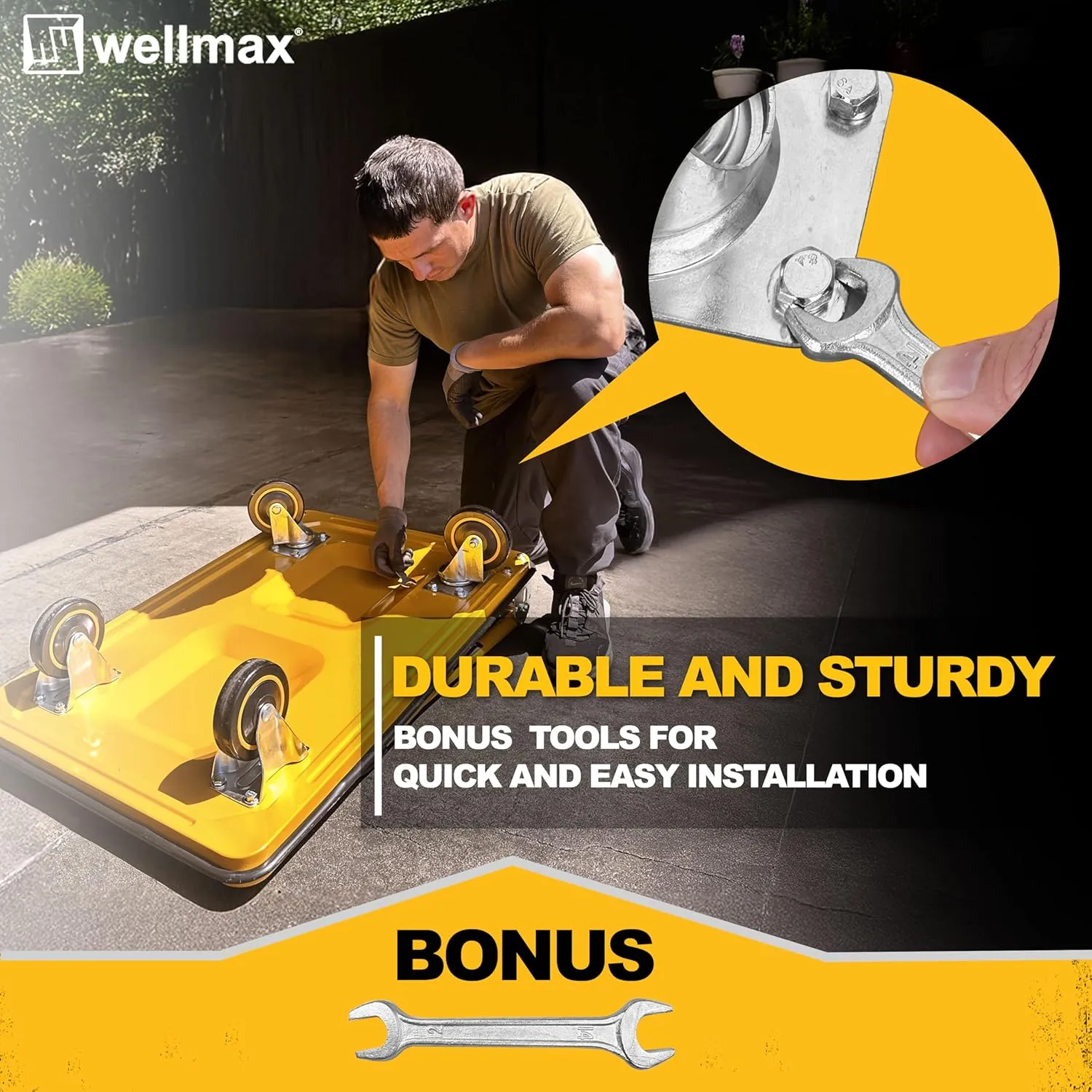 Push Cart Dolly by Wellmax, Moving Platform Hand Truck, Foldable for Easy Storage and 360 Degree Swivel Wheels with 330lb Weight Capacity, Yellow Color