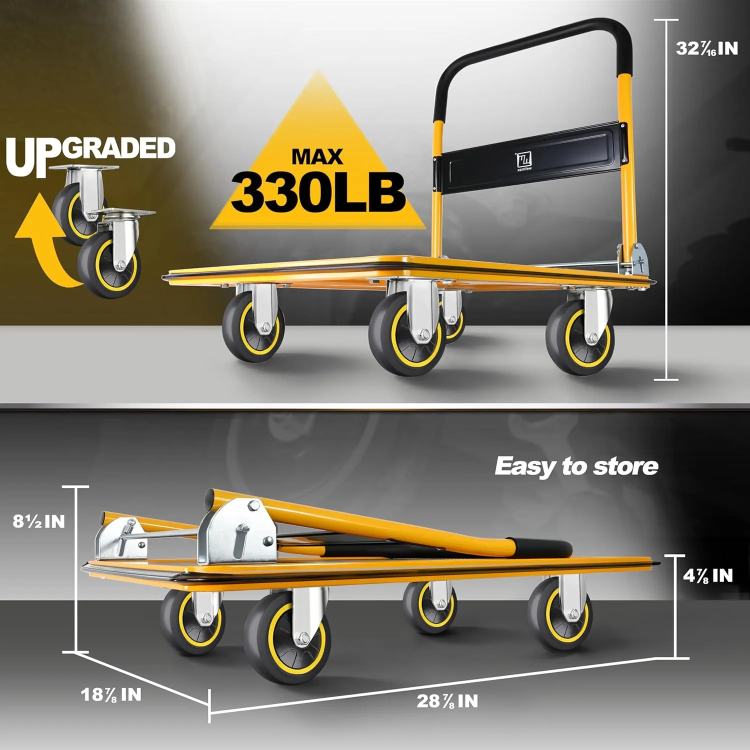 Push Cart Dolly by Wellmax, Moving Platform Hand Truck, Foldable for Easy Storage and 360 Degree Swivel Wheels with 330lb Weight Capacity, Yellow Color