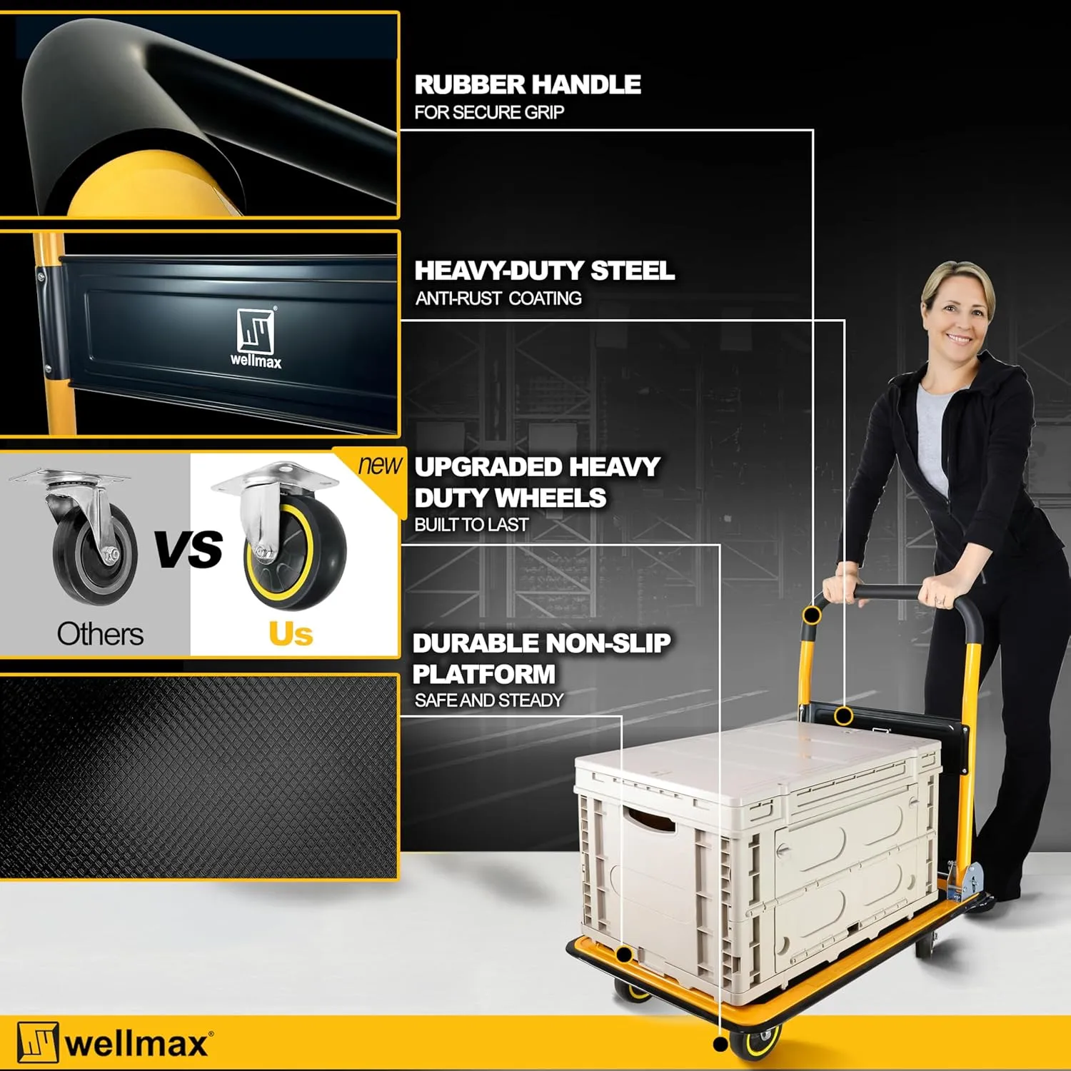 Push Cart Dolly by Wellmax, Moving Platform Hand Truck, Foldable for Easy Storage and 360 Degree Swivel Wheels with 330lb Weight Capacity, Yellow Color