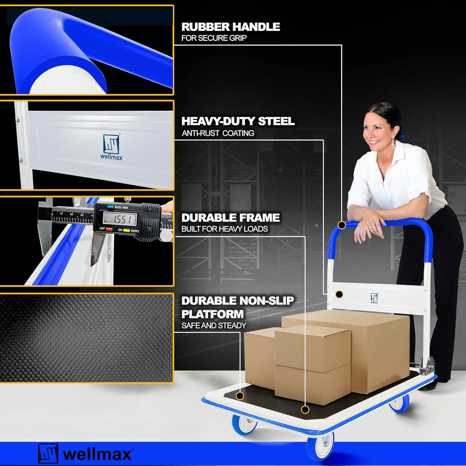 Push Cart Dolly by Wellmax, Moving Platform Hand Truck, Foldable for Easy Storage and 360 Degree Swivel Wheels with 660lb Weight Capacity, Blue Color