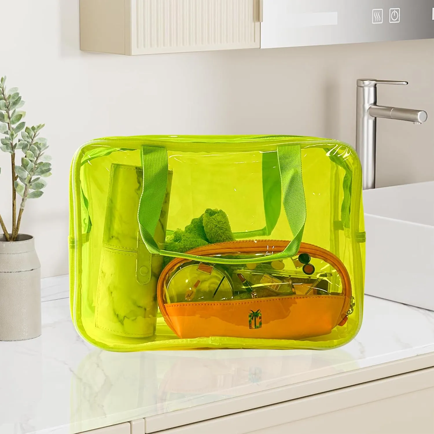 PVC Clear Pure Color Transparent Large Zipper Cosmetic Pouch Travel Makeup Cosmetic Bag with Handle for Travel Bathroom Toiletry Organizer (Light Pink)