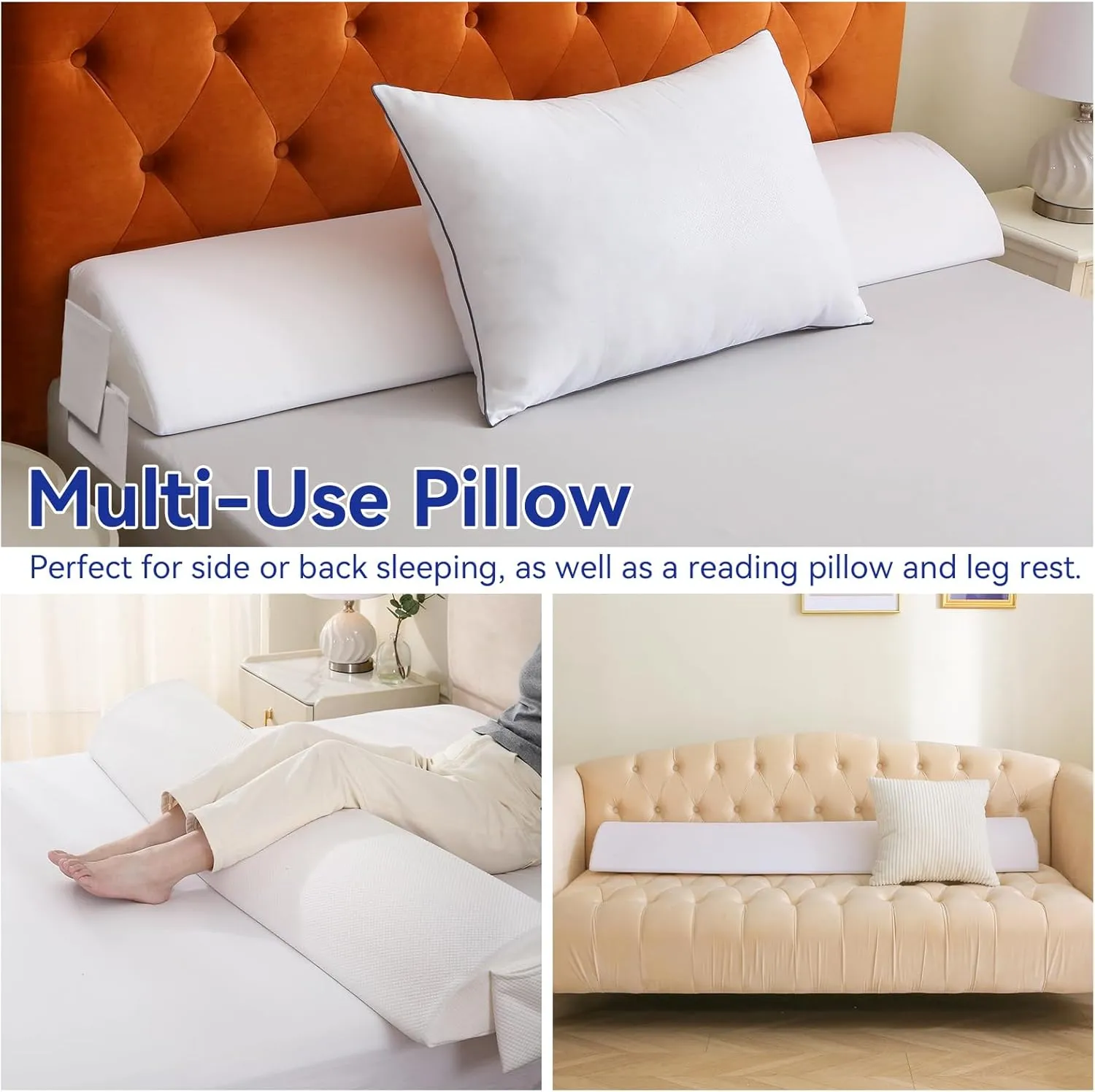 Queen Bed Wedge Pillow Headboard (60"x10"x6"), Bed Mattress Gap Filler Close The Gap (0-6 in) with 2 Pockets