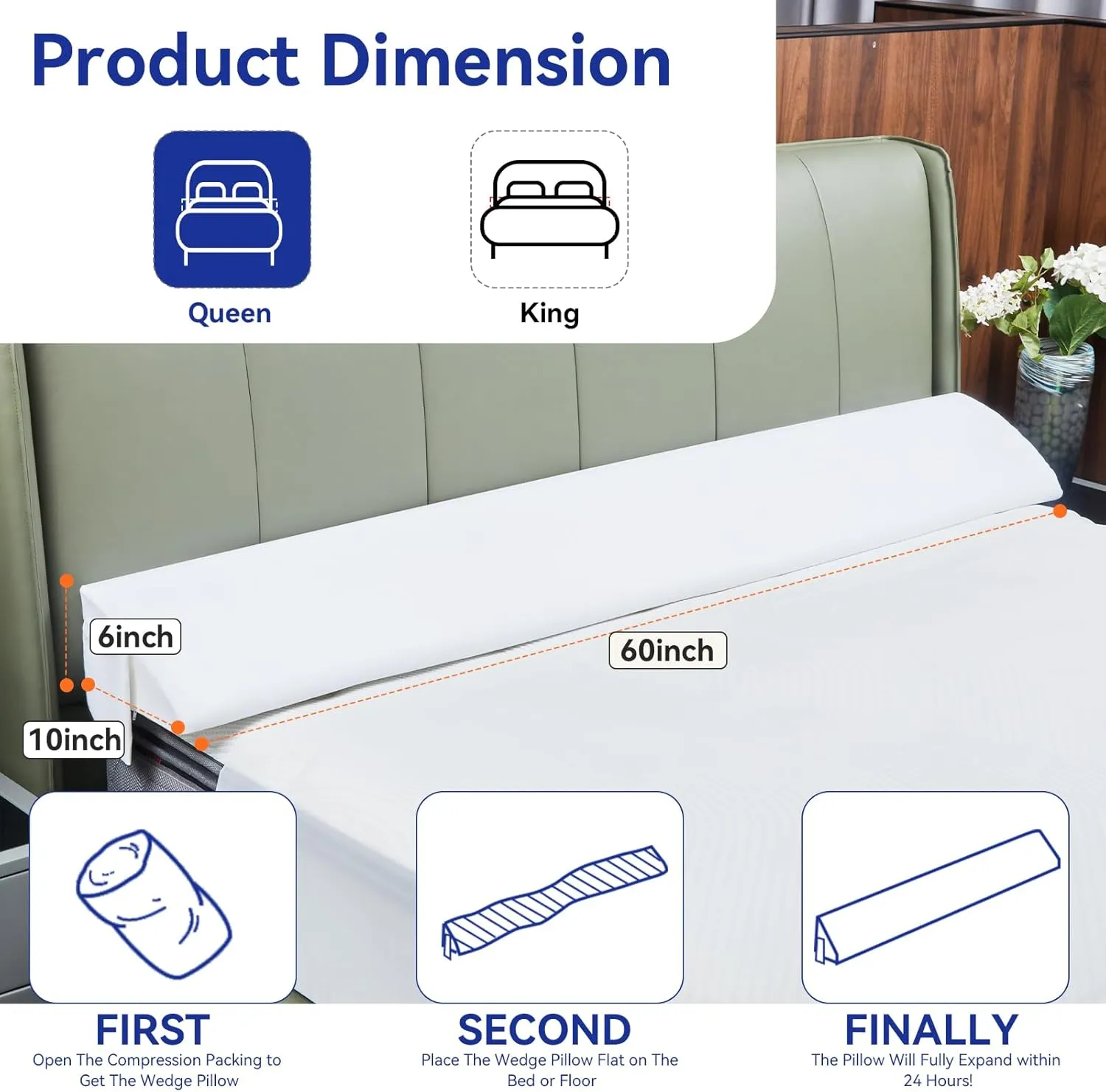 Queen Bed Wedge Pillow Headboard (60"x10"x6"), Bed Mattress Gap Filler Close The Gap (0-6 in) with 2 Pockets