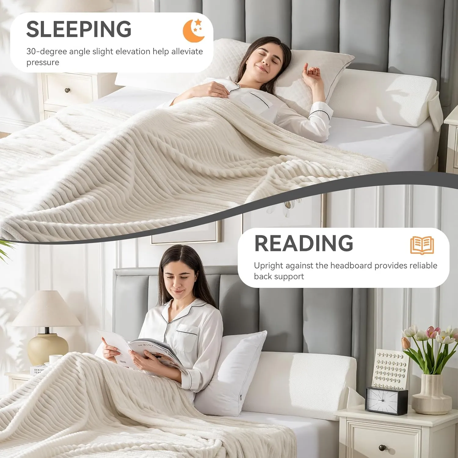 Queen Bed Wedge Pillow Headboard (60"x10"x6"), Bed Mattress Gap Filler Close The Gap (0-6 in) with Side Pocket