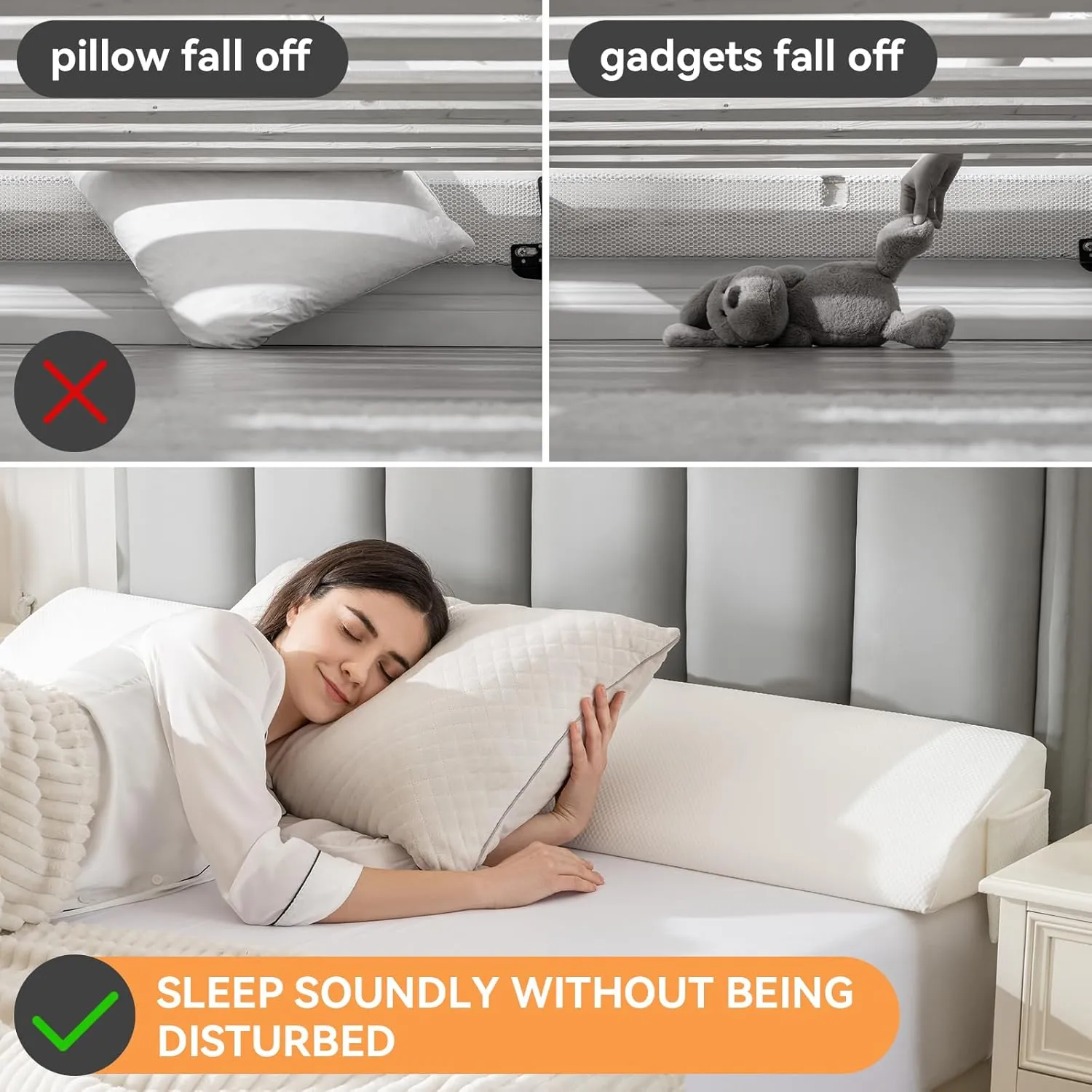 Queen Bed Wedge Pillow Headboard (60"x10"x6"), Bed Mattress Gap Filler Close The Gap (0-6 in) with Side Pocket