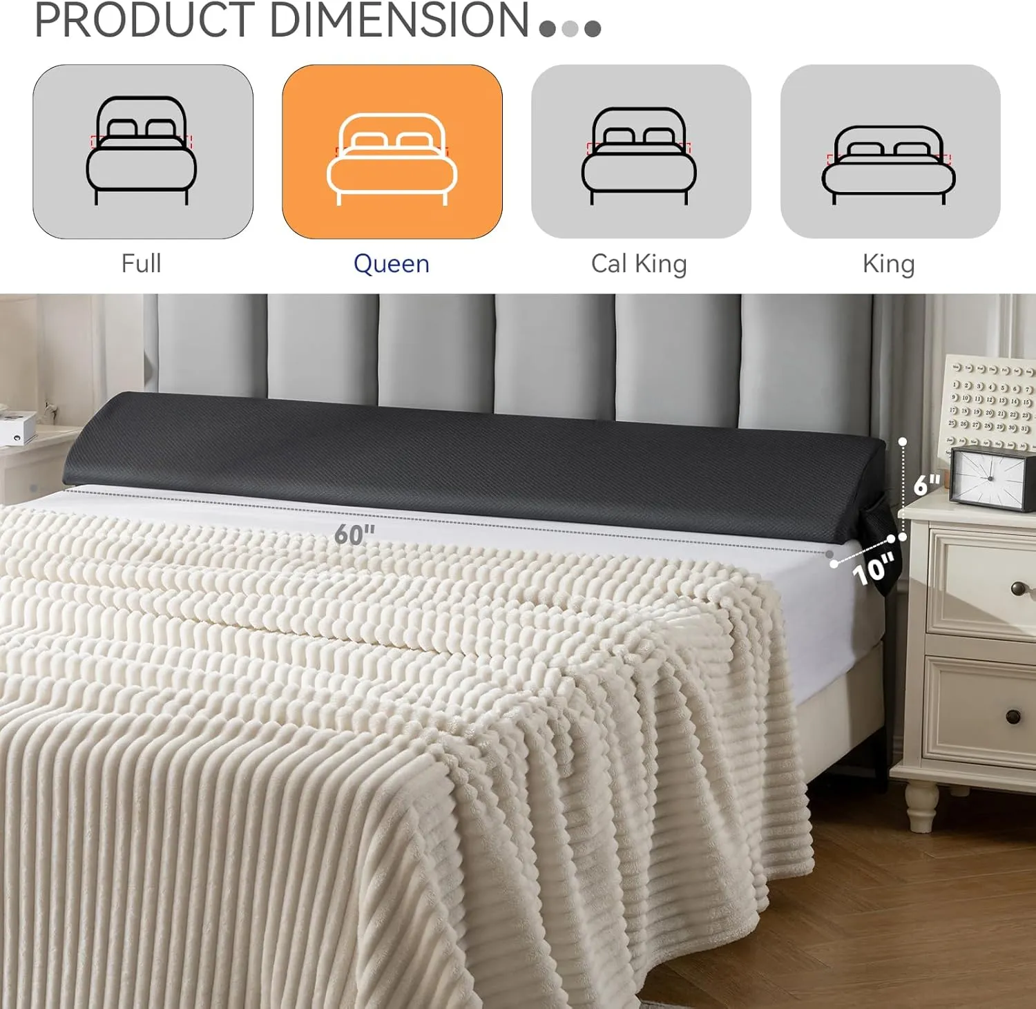 Queen Bed Wedge Pillow Headboard (60"x10"x6"), Bed Mattress Gap Filler Close The Gap (0-6 in) with Side Pocket