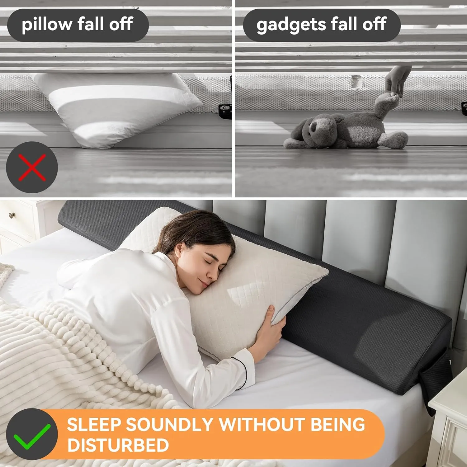 Queen Bed Wedge Pillow Headboard (60"x10"x6"), Bed Mattress Gap Filler Close The Gap (0-6 in) with Side Pocket
