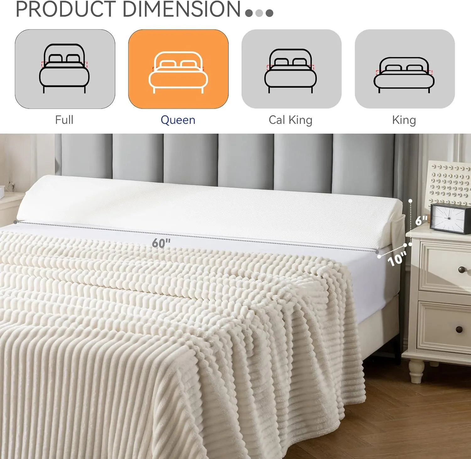 Queen Bed Wedge Pillow Headboard (60"x10"x6"), Bed Mattress Gap Filler Close The Gap (0-6 in) with Side Pocket