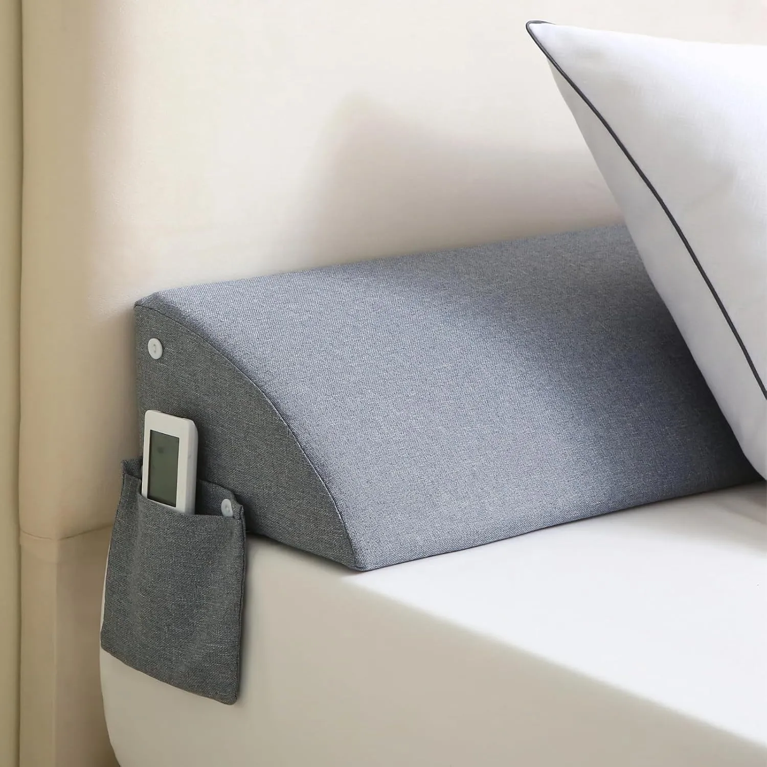 Queen Bed Wedge Pillow Headboard, Bed Mattress Gap Filler (0-8") with Side Button Pocket, 60"x10"x10"