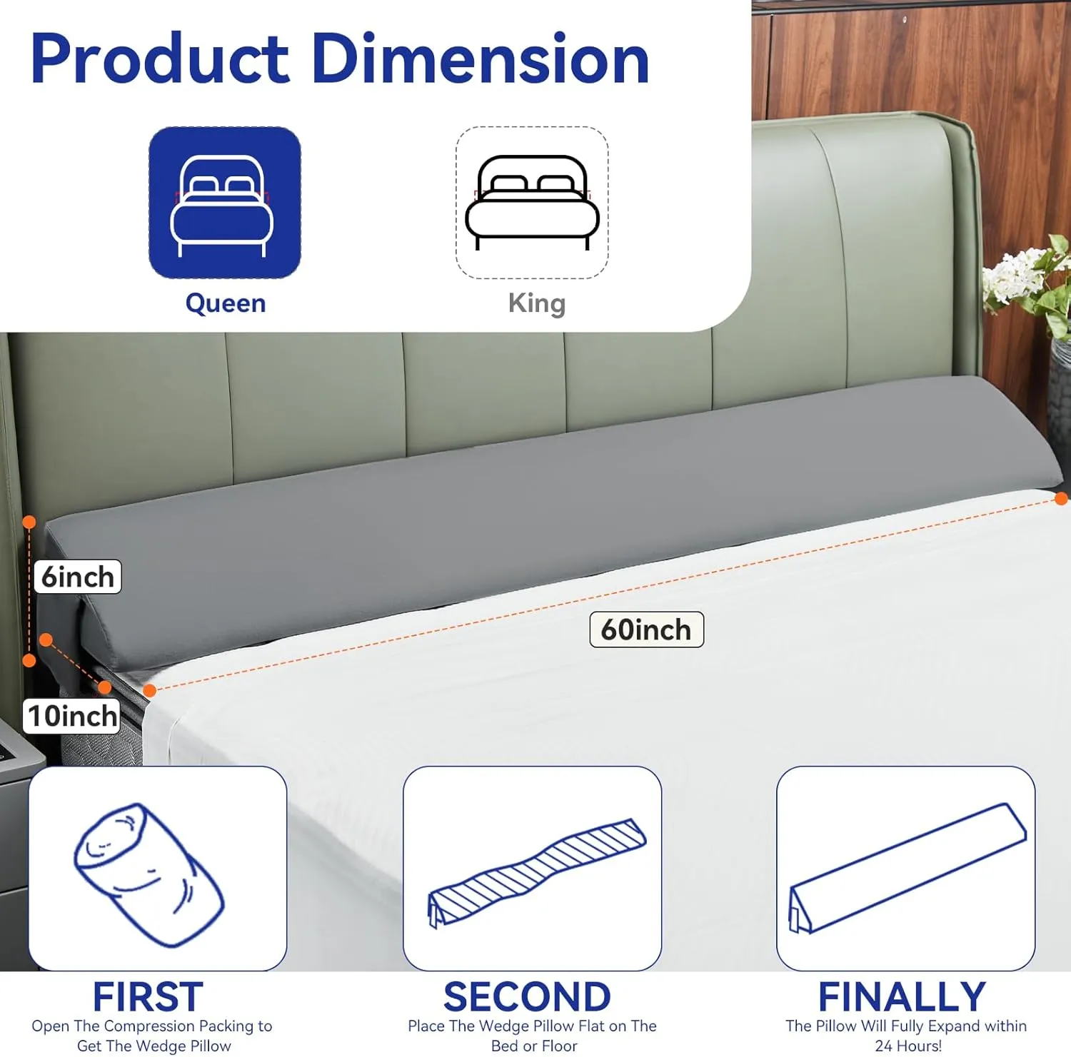 Queen Bed Wedge Pillow Headboard, Bed Mattress Gap Filler (0-8") with Side Button Pocket, 60"x10"x10"