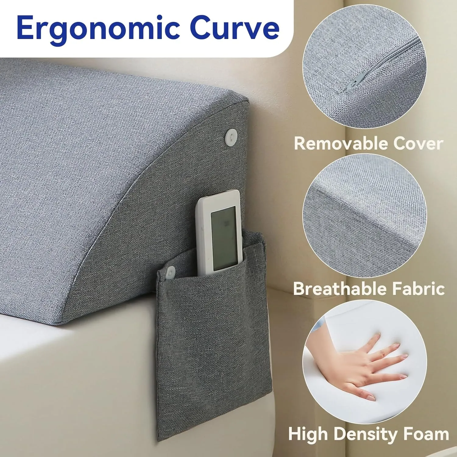 Queen Bed Wedge Pillow Headboard, Bed Mattress Gap Filler (0-8") with Side Button Pocket, 60"x10"x10"
