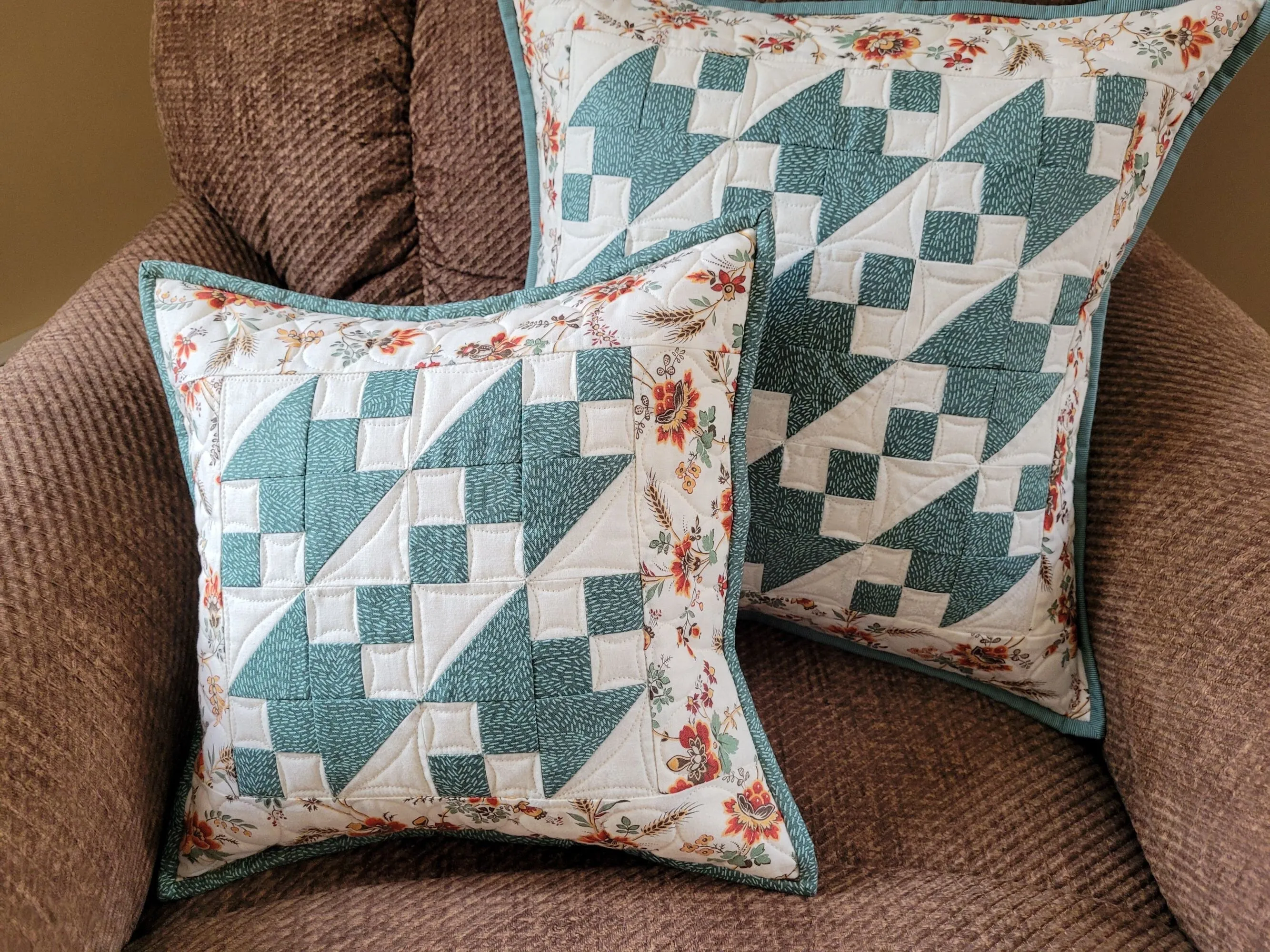 Quilted  Pillow, Teal Patchwork Throw Cushion, 16 inch Pillow Cover, Summer Decor