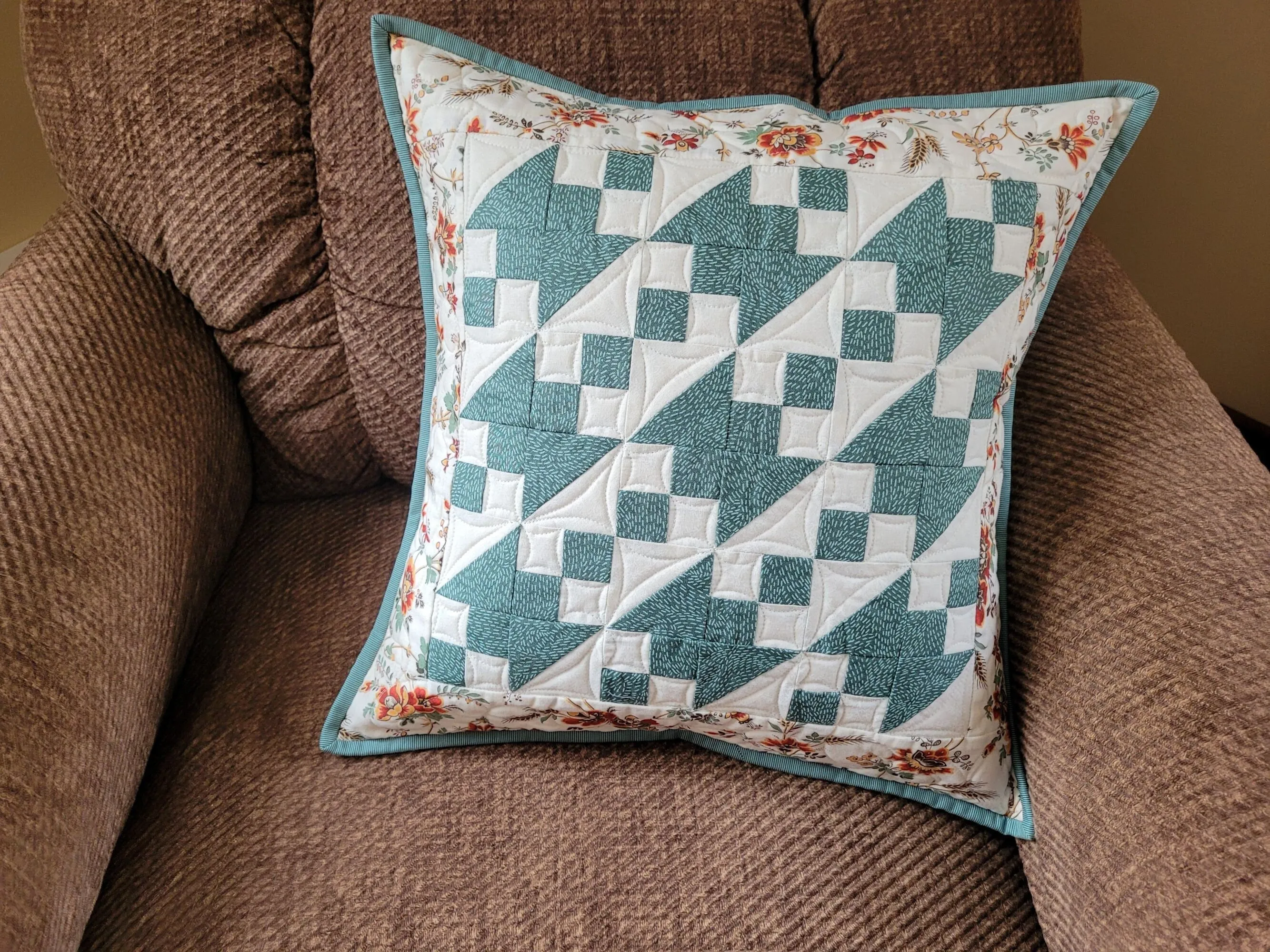 Quilted  Pillow, Teal Patchwork Throw Cushion, 16 inch Pillow Cover, Summer Decor