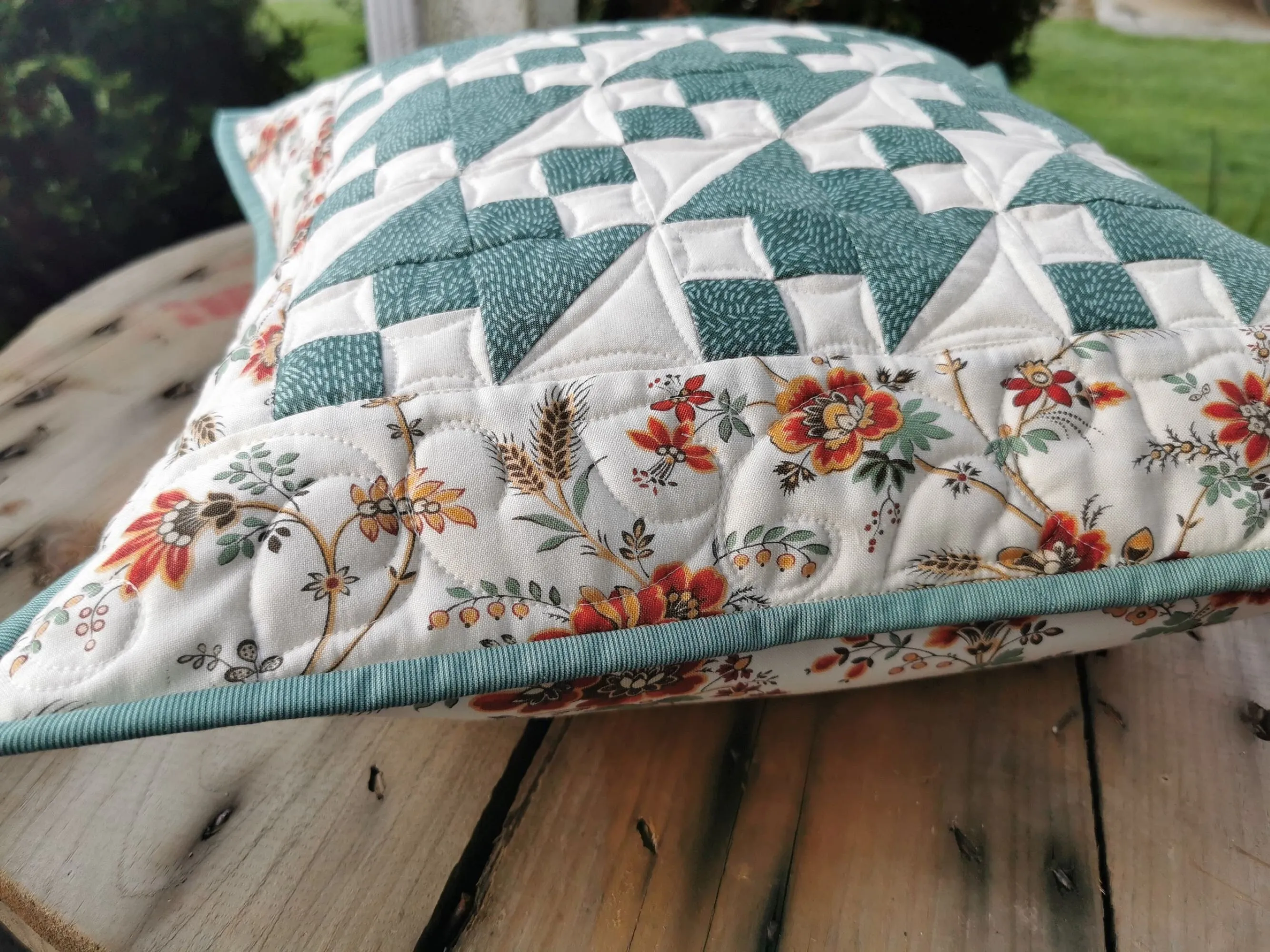 Quilted  Pillow, Teal Patchwork Throw Cushion, 16 inch Pillow Cover, Summer Decor