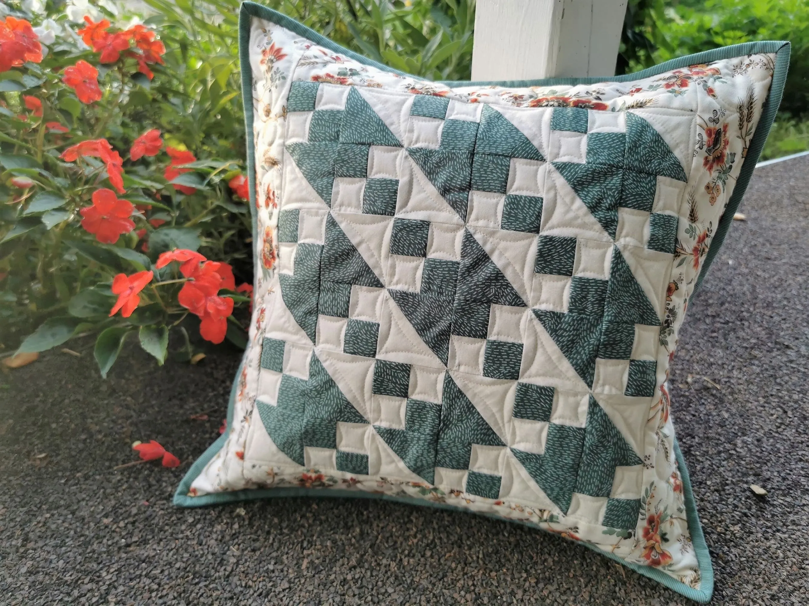 Quilted  Pillow, Teal Patchwork Throw Cushion, 16 inch Pillow Cover, Summer Decor