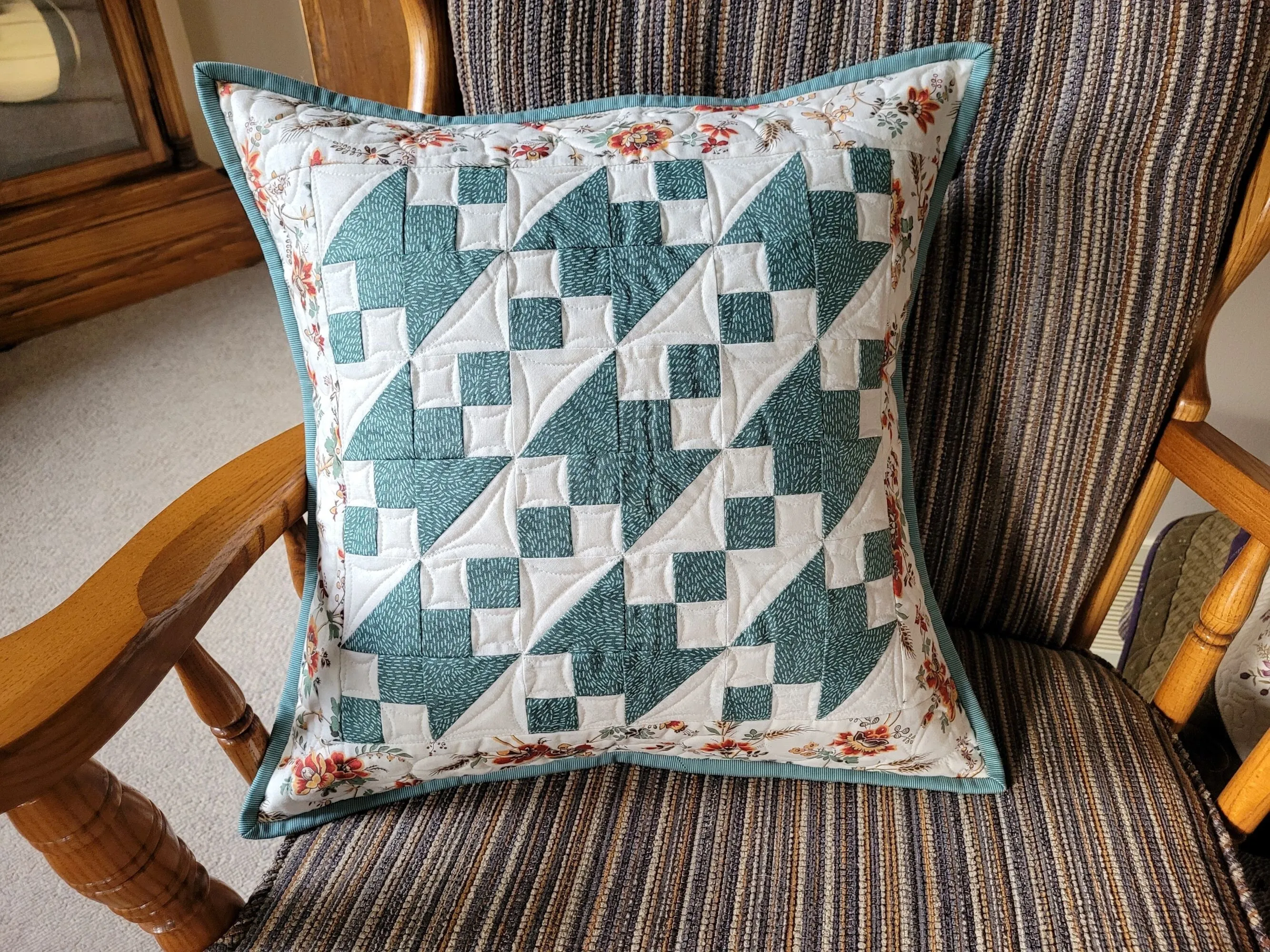 Quilted  Pillow, Teal Patchwork Throw Cushion, 16 inch Pillow Cover, Summer Decor