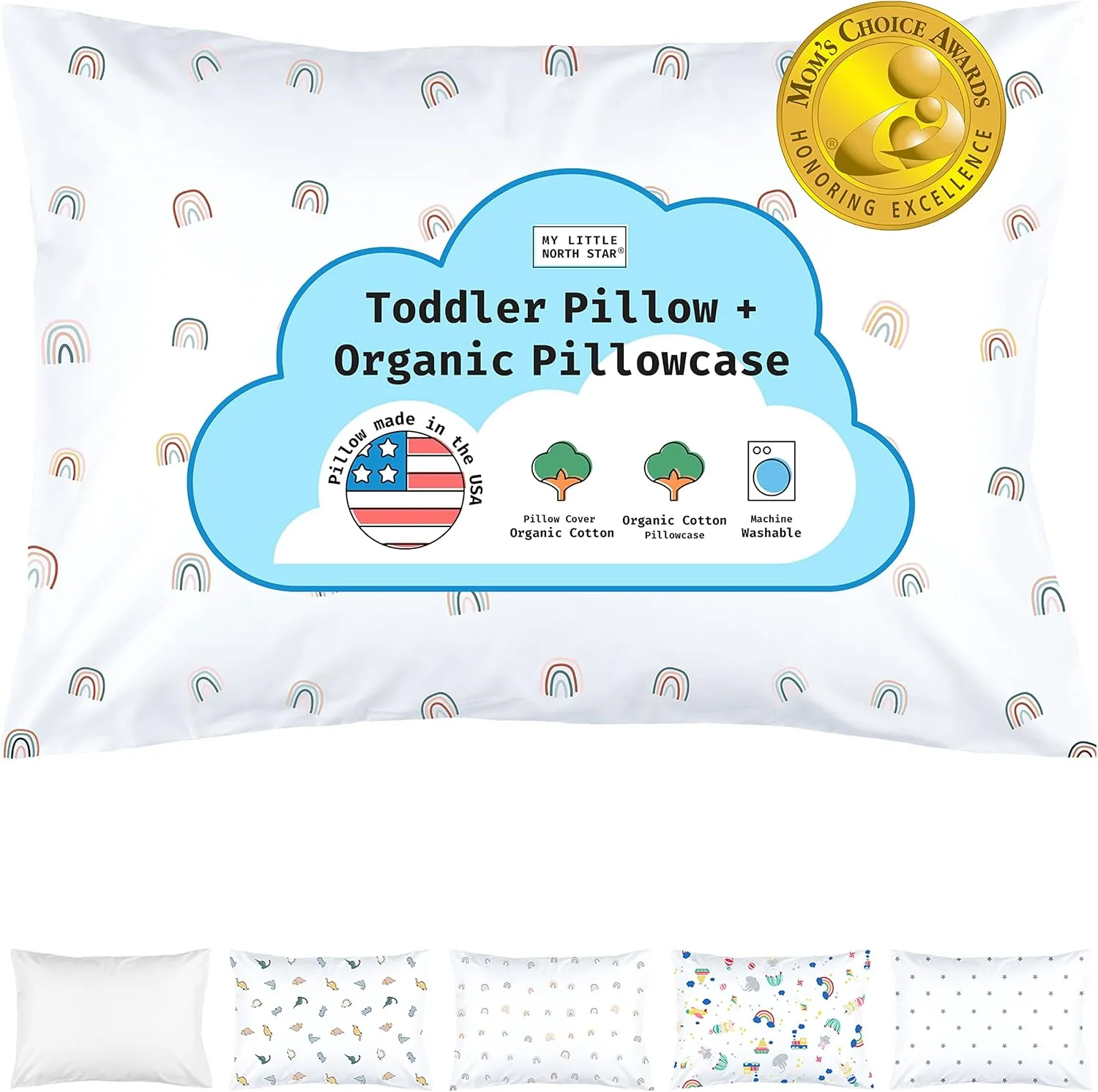 Rainbow Toddler Pillow - Organic Cotton, 13x18, Washable, Travel & Sleeping Pillow with Pillowcase