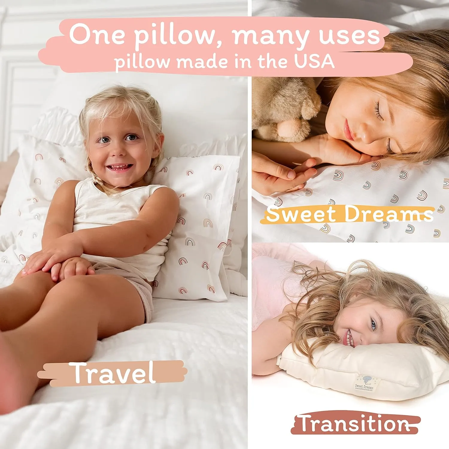 Rainbow Toddler Pillow - Organic Cotton, 13x18, Washable, Travel & Sleeping Pillow with Pillowcase