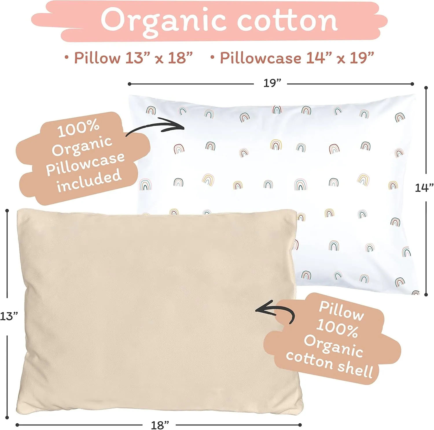 Rainbow Toddler Pillow - Organic Cotton, 13x18, Washable, Travel & Sleeping Pillow with Pillowcase