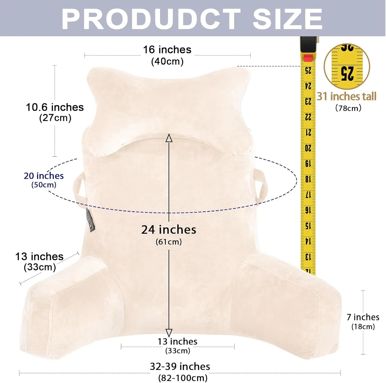 Reading Pillow-Extra Large 31" Bed Rest Pillow with Detachable Neck Roll & Arms for Sitting in Bed or Couch-Backrest Reading Pillow Adult Back Pillows for Reading/Watching TV/Gaming/Relaxing-Beige