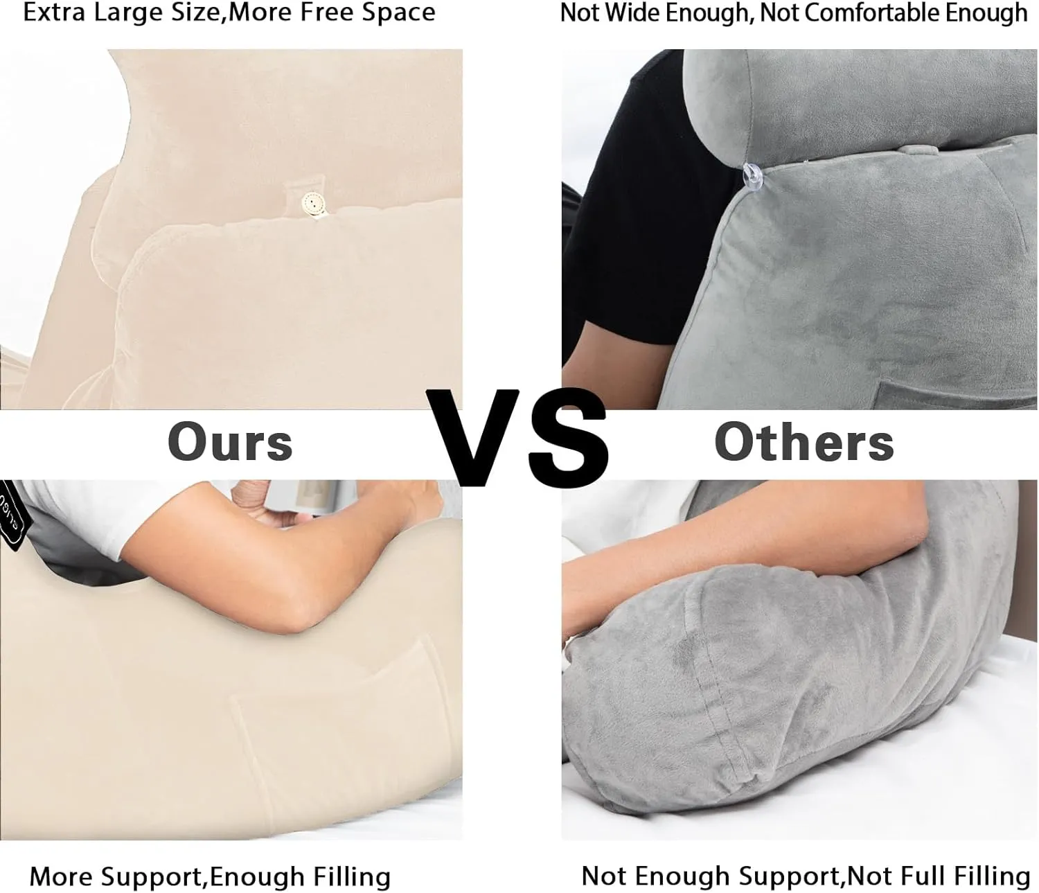 Reading Pillow-Extra Large 31" Bed Rest Pillow with Detachable Neck Roll & Arms for Sitting in Bed or Couch-Backrest Reading Pillow Adult Back Pillows for Reading/Watching TV/Gaming/Relaxing-Beige