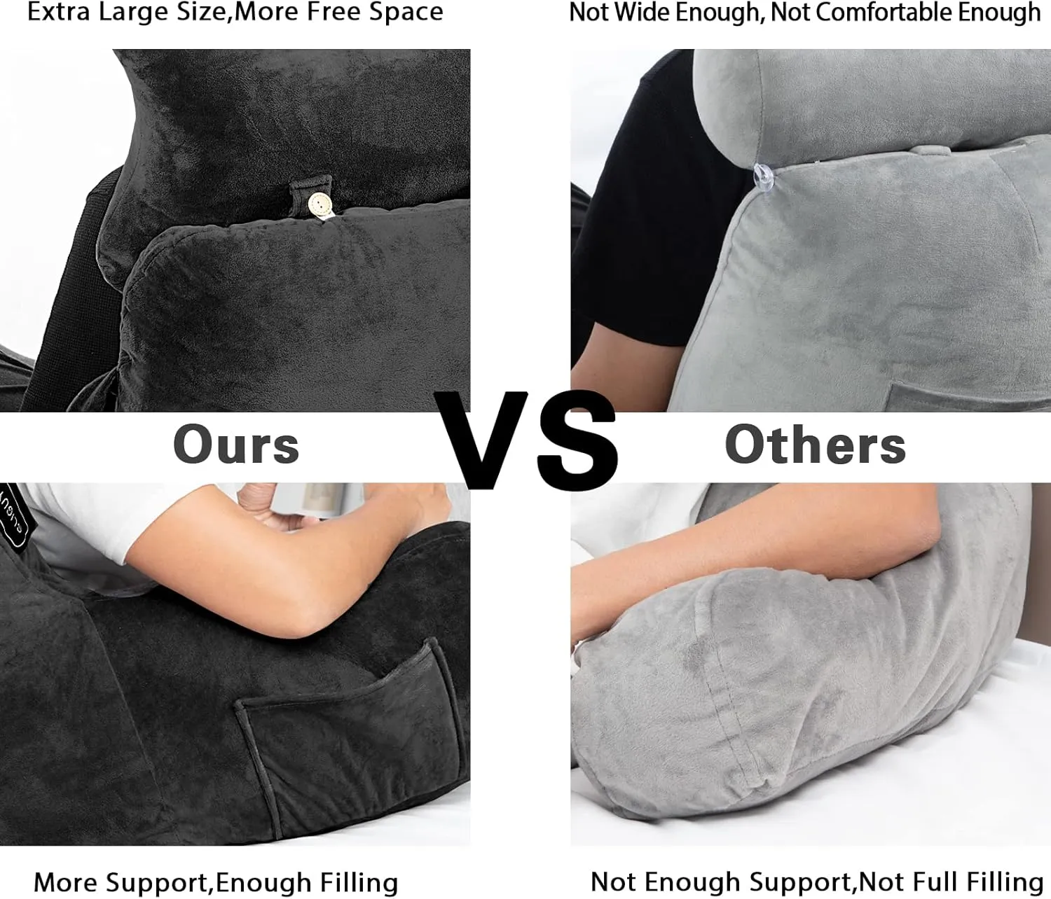 Reading Pillow-Extra Large 31" Bed Rest Pillow with Detachable Neck Roll & Arms for Sitting in Bed or Couch-Backrest Reading Pillow Adult Back Pillows for Reading,Watching TV,Gaming,Relaxing-Black