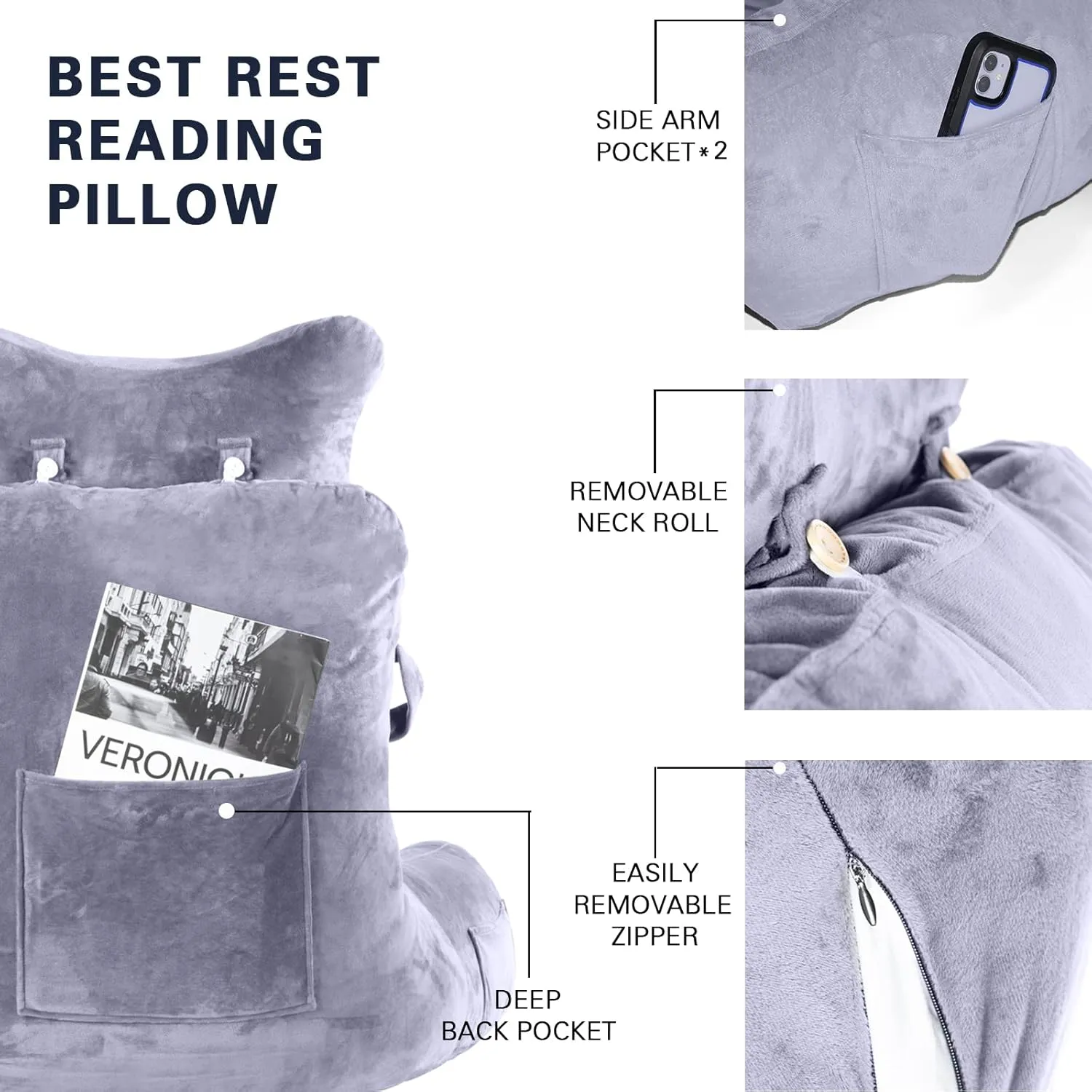 Reading Pillow-Extra Large 31" Bed Rest Pillow with Detachable Neck Roll & Arms for Sitting in Bed or Couch-Backrest Reading Pillow Adult Back Pillows for Reading/Watching TV/Gaming/Relaxing-Grey