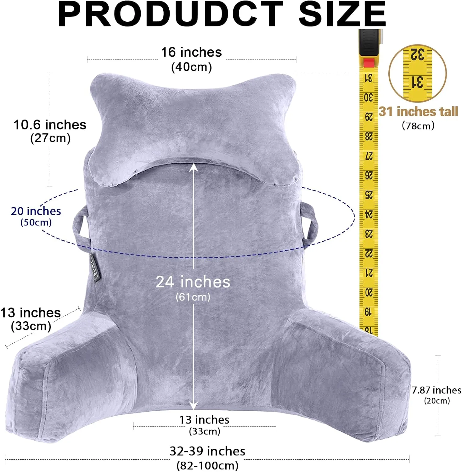 Reading Pillow-Extra Large 31" Bed Rest Pillow with Detachable Neck Roll & Arms for Sitting in Bed or Couch-Backrest Reading Pillow Adult Back Pillows for Reading/Watching TV/Gaming/Relaxing-Grey