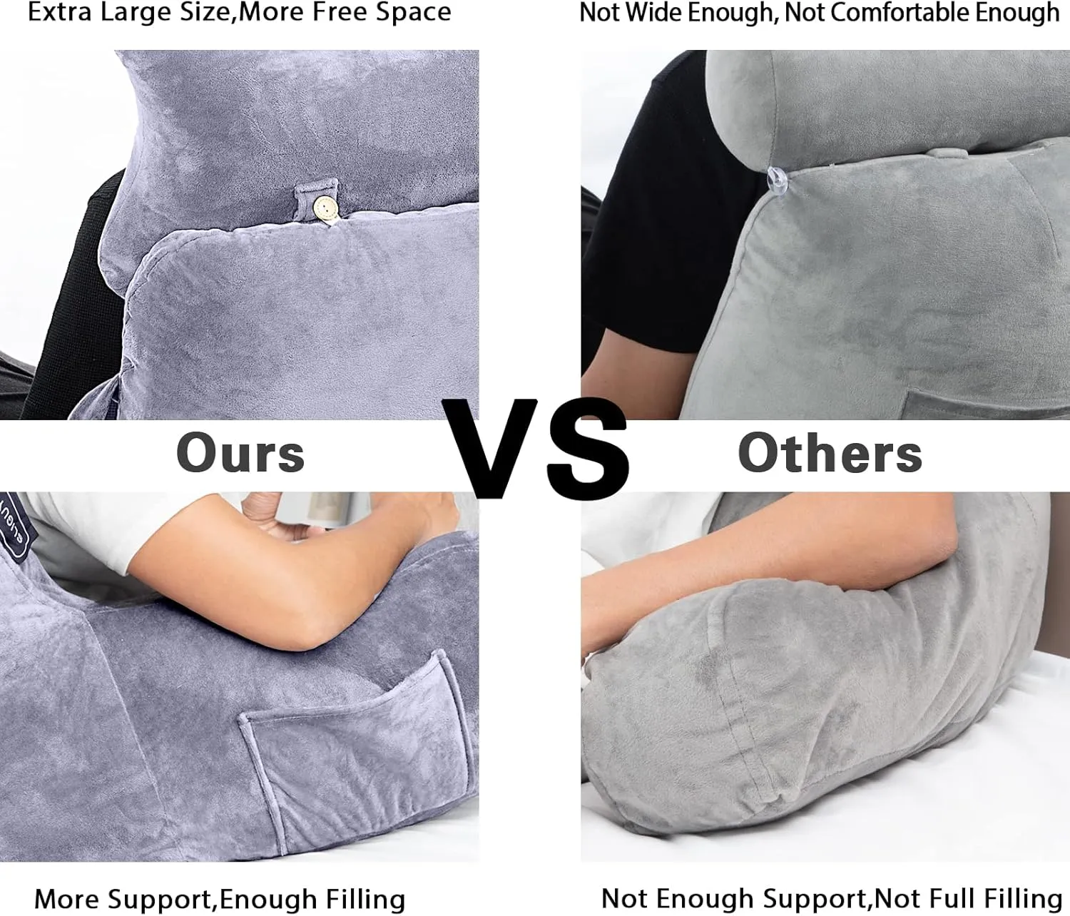 Reading Pillow-Extra Large 31" Bed Rest Pillow with Detachable Neck Roll & Arms for Sitting in Bed or Couch-Backrest Reading Pillow Adult Back Pillows for Reading/Watching TV/Gaming/Relaxing-Grey