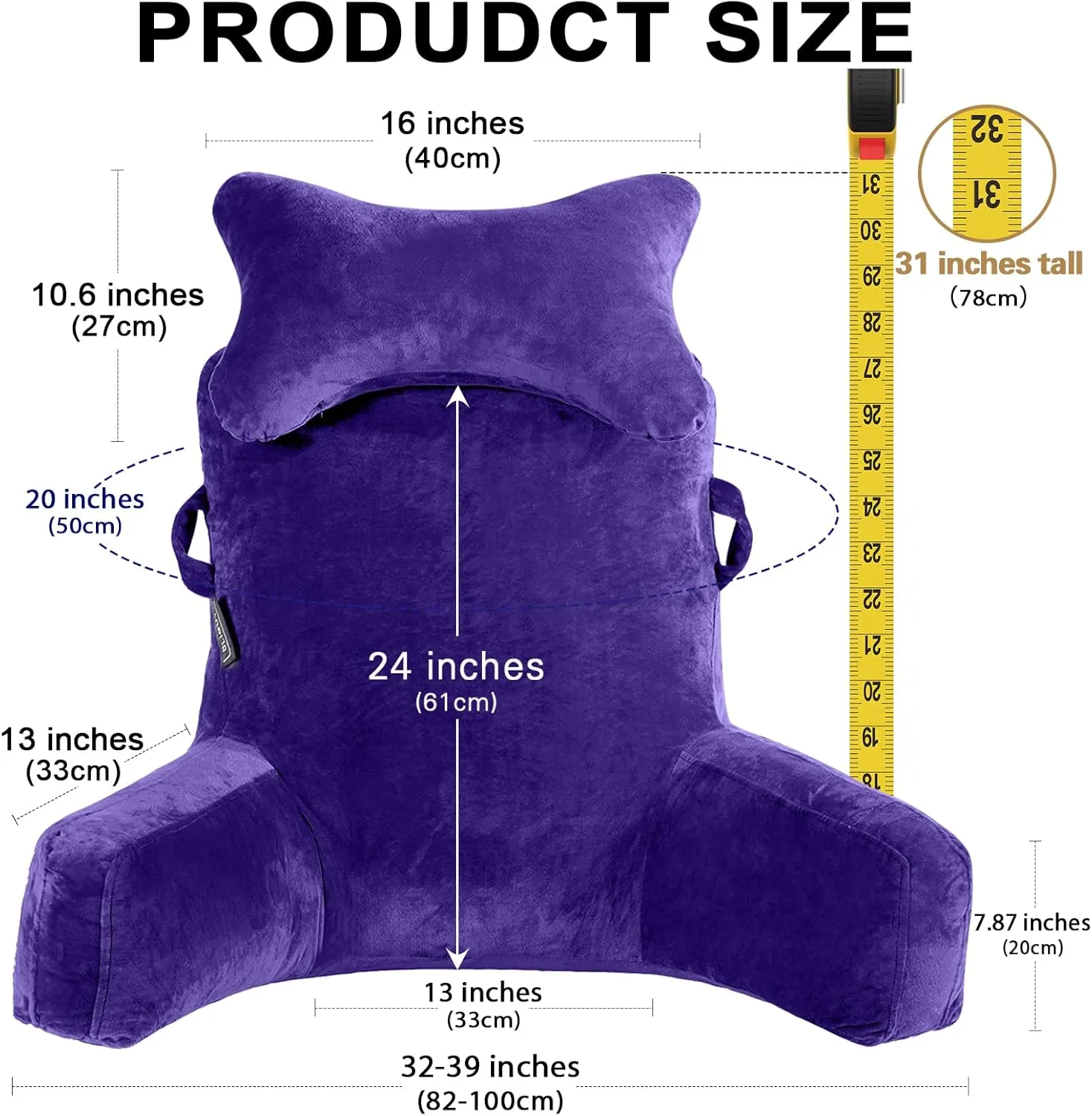 Reading Pillow-Extra Large 31" Bed Rest Pillow with Detachable Neck Roll & Arms for Sitting in Bed or Couch-Backrest Reading Pillow Adult Back Pillows for Reading/Watching TV/Gaming/Relaxing,Purple