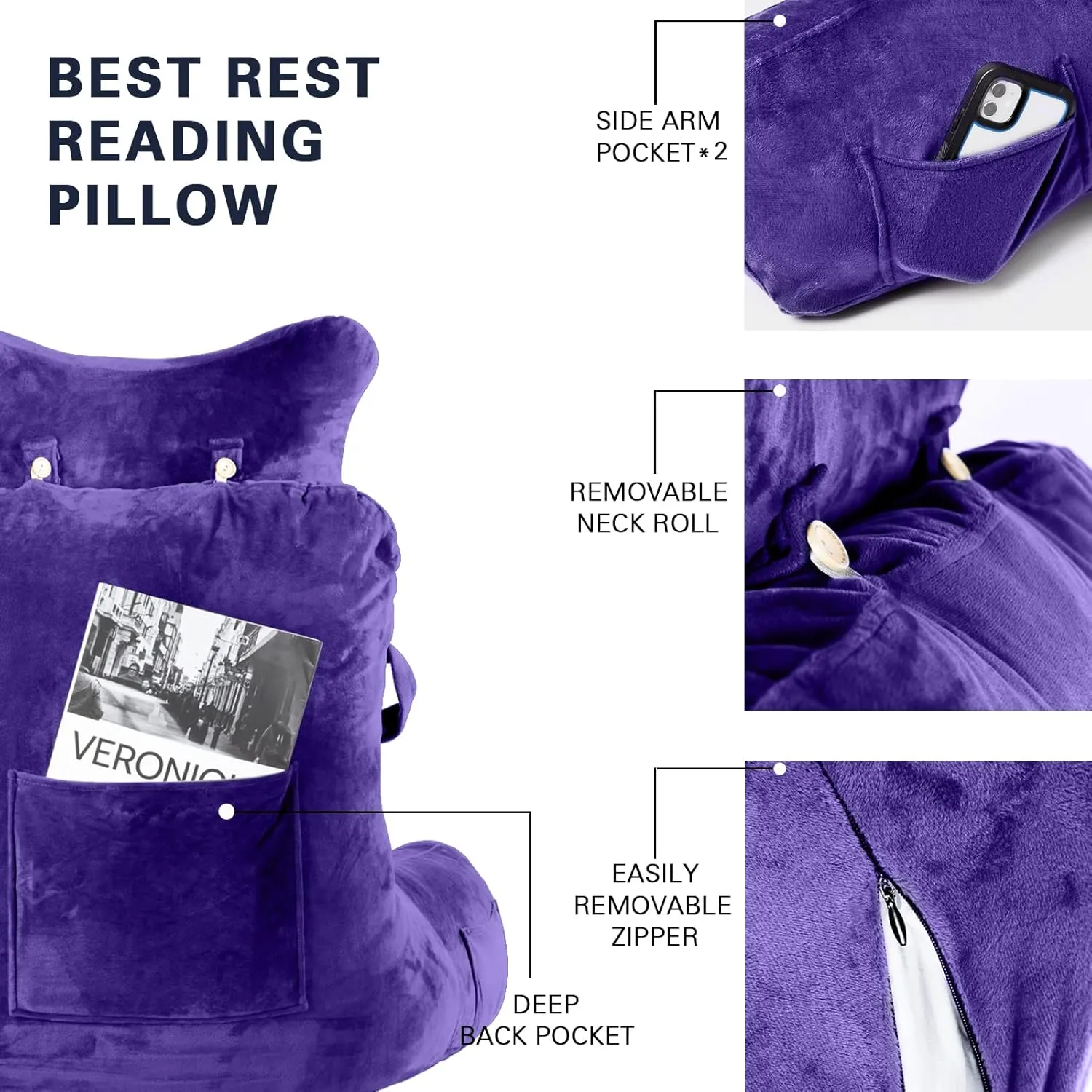 Reading Pillow-Extra Large 31" Bed Rest Pillow with Detachable Neck Roll & Arms for Sitting in Bed or Couch-Backrest Reading Pillow Adult Back Pillows for Reading/Watching TV/Gaming/Relaxing,Purple