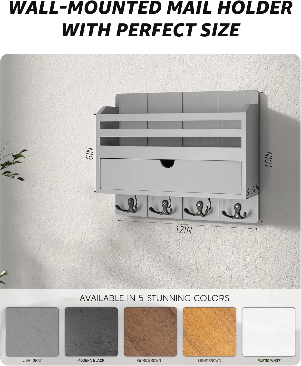 Rebee Vision Decorative Mail Organizer Wall Mounted with 7 Key Hooks - Stylish Key and Mail Holder for Wall with Drawer Organizer - Home Decor Aesthetic for Apartment Essentials (Gray)