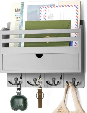 Rebee Vision Decorative Mail Organizer Wall Mounted with 7 Key Hooks - Stylish Key and Mail Holder for Wall with Drawer Organizer - Home Decor Aesthetic for Apartment Essentials (Gray)