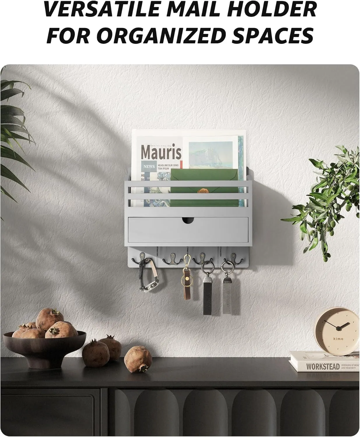 Rebee Vision Decorative Mail Organizer Wall Mounted with 7 Key Hooks - Stylish Key and Mail Holder for Wall with Drawer Organizer - Home Decor Aesthetic for Apartment Essentials (Gray)