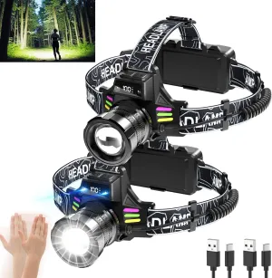 Rechargeable Headlamp 2 Pack, 5000 Lumens Bright Headlight for Adults with 7 Modes, Motion Sensor & Digital Display Waterproof for Camping, Hiking, Running, Luminous Strip