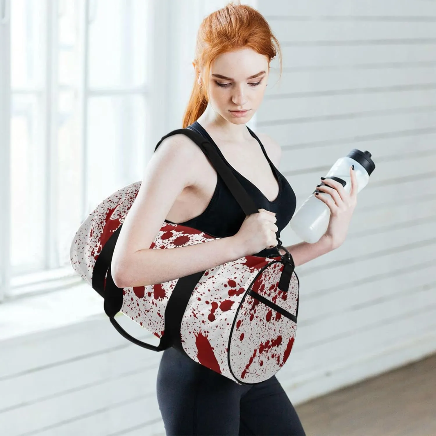 Red Blood Ink Splatter Spots Stains Isolated on White Duffel Bag, Foldable Canvas Travel Tote for Gym Sports with Inner Pockets, Durable Lightweight Fitness Bag for Overnight Workout