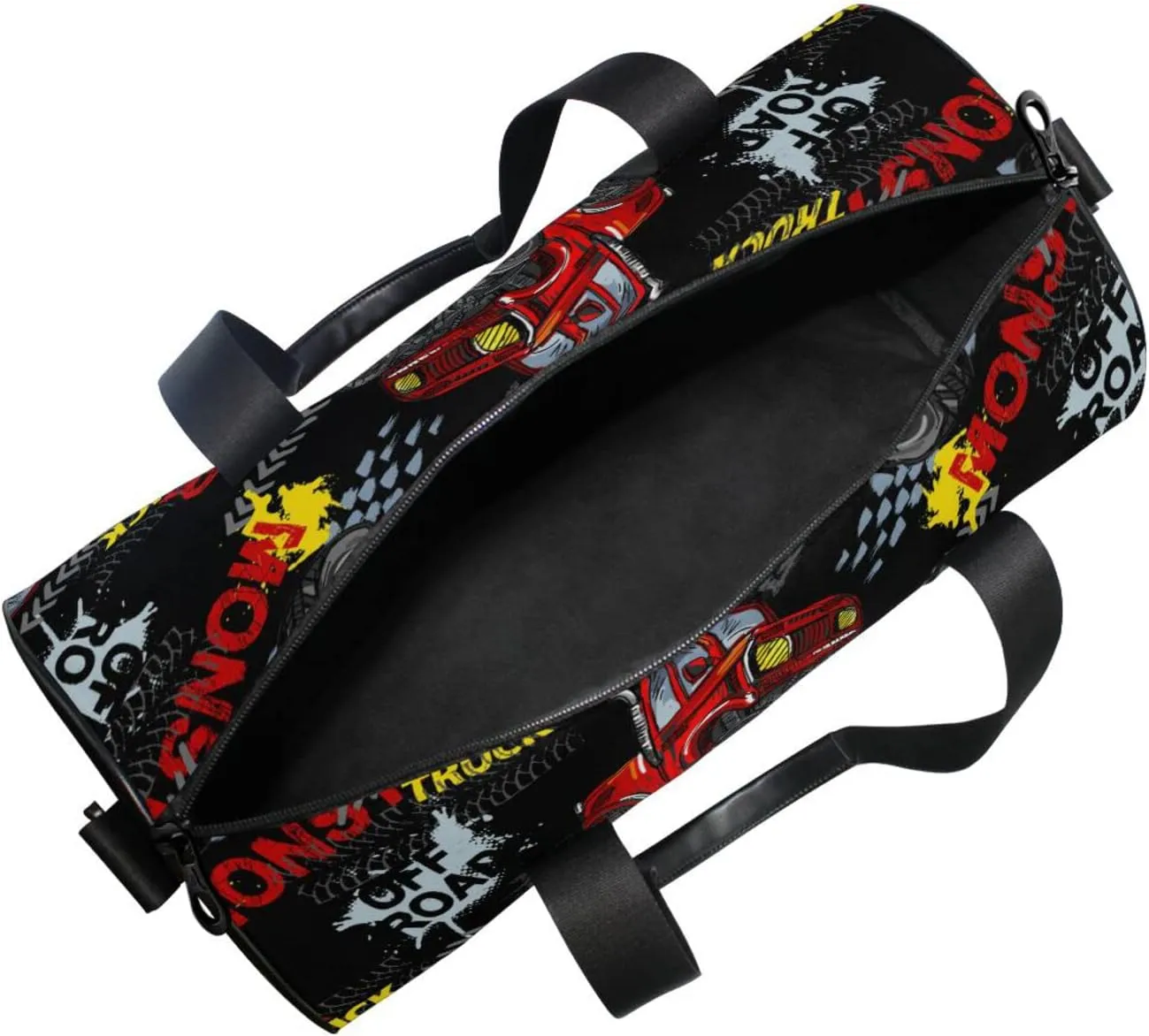 Red Truck Car, Trace of Tire, Drive and Speed on Black Duffel Bag, Foldable Canvas Travel Tote for Gym Sports with Inner Pockets, Durable Lightweight Fitness Bag for Overnight Workout