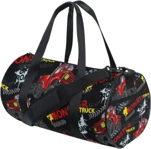 Red Truck Car, Trace of Tire, Drive and Speed on Black Duffel Bag, Foldable Canvas Travel Tote for Gym Sports with Inner Pockets, Durable Lightweight Fitness Bag for Overnight Workout