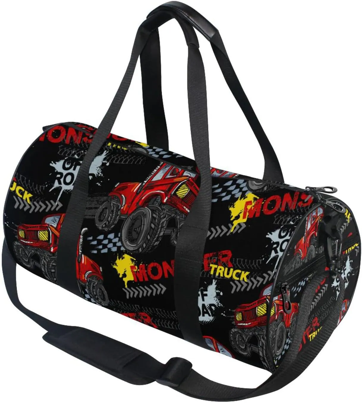 Red Truck Car, Trace of Tire, Drive and Speed on Black Duffel Bag, Foldable Canvas Travel Tote for Gym Sports with Inner Pockets, Durable Lightweight Fitness Bag for Overnight Workout