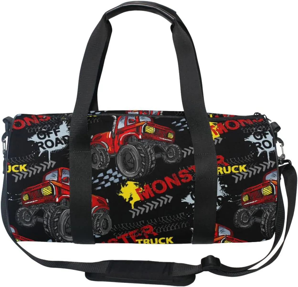 Red Truck Car, Trace of Tire, Drive and Speed on Black Duffel Bag, Foldable Canvas Travel Tote for Gym Sports with Inner Pockets, Durable Lightweight Fitness Bag for Overnight Workout