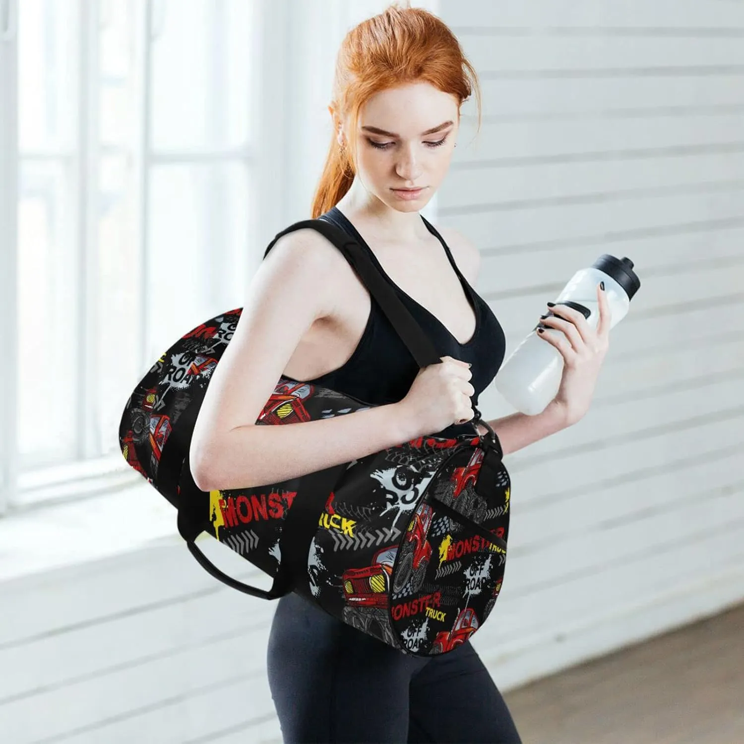Red Truck Car, Trace of Tire, Drive and Speed on Black Duffel Bag, Foldable Canvas Travel Tote for Gym Sports with Inner Pockets, Durable Lightweight Fitness Bag for Overnight Workout