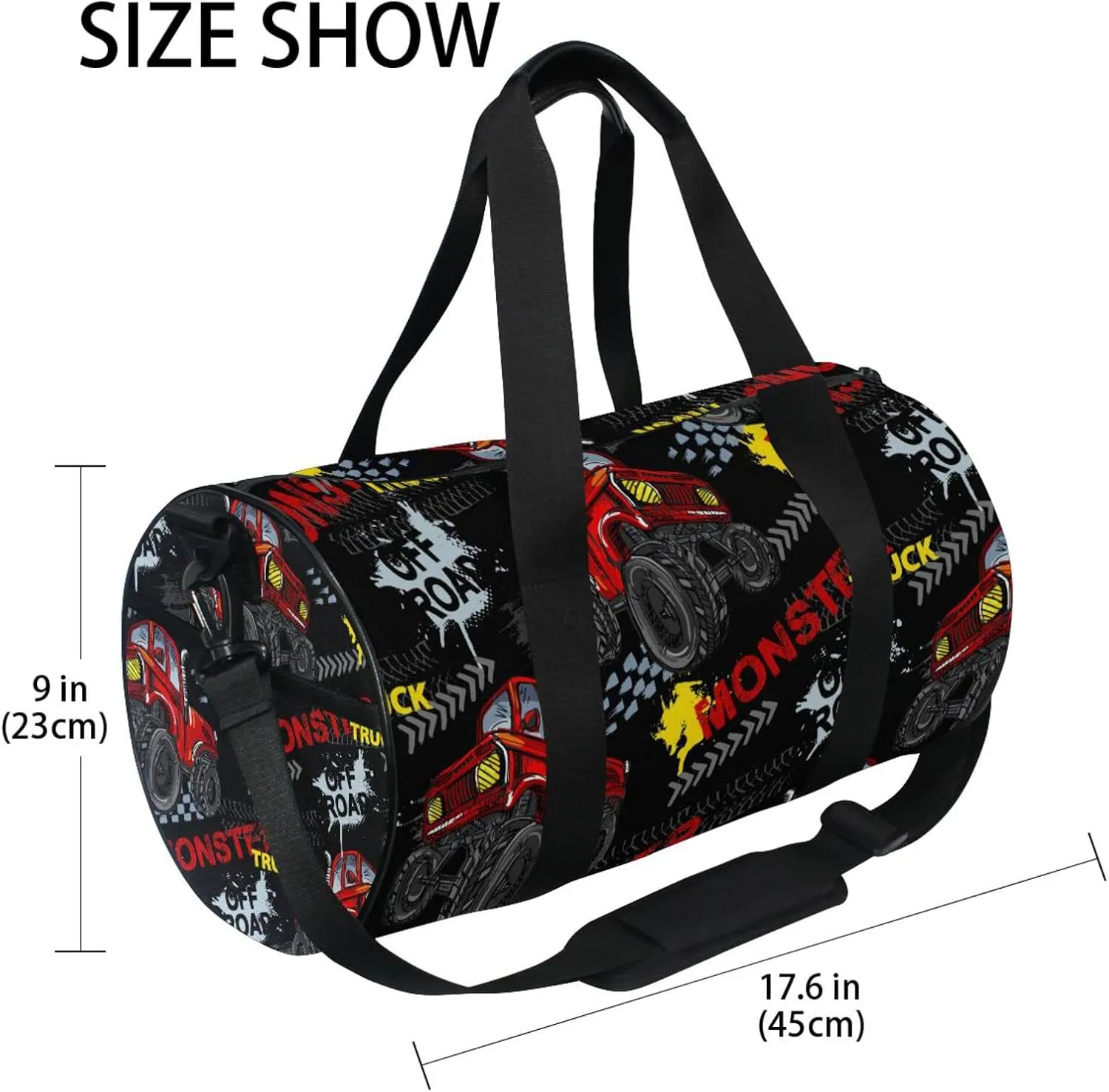 Red Truck Car, Trace of Tire, Drive and Speed on Black Duffel Bag, Foldable Canvas Travel Tote for Gym Sports with Inner Pockets, Durable Lightweight Fitness Bag for Overnight Workout