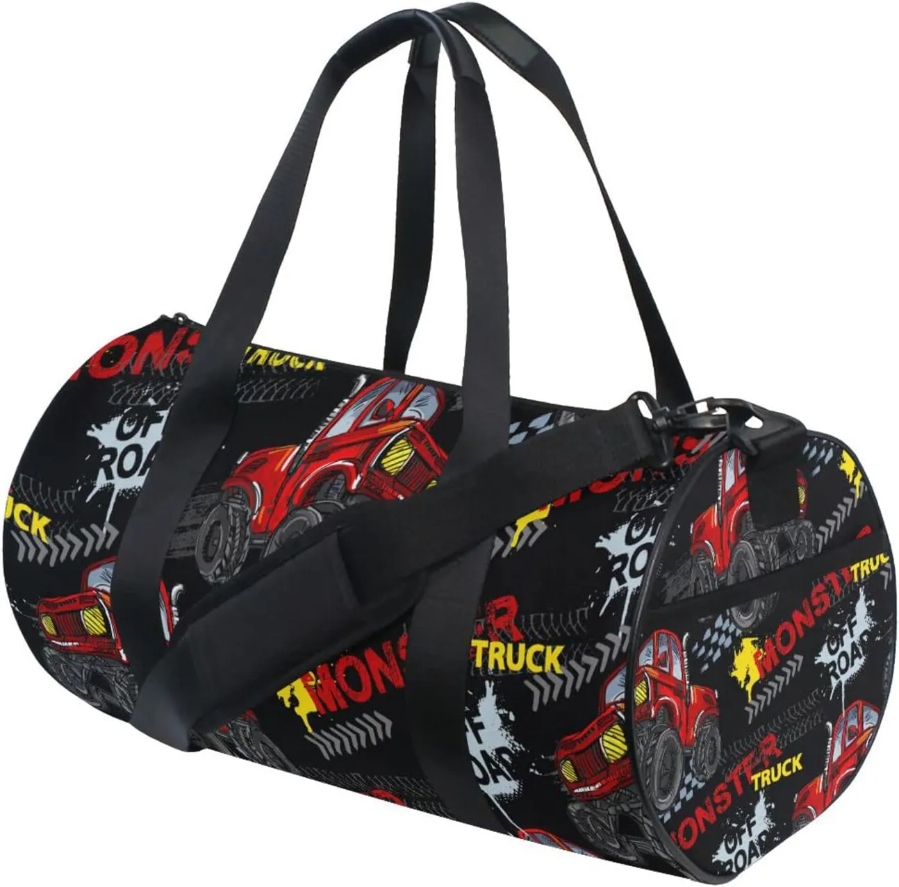 Red Truck Car, Trace of Tire, Drive and Speed on Black Duffel Bag, Foldable Canvas Travel Tote for Gym Sports with Inner Pockets, Durable Lightweight Fitness Bag for Overnight Workout