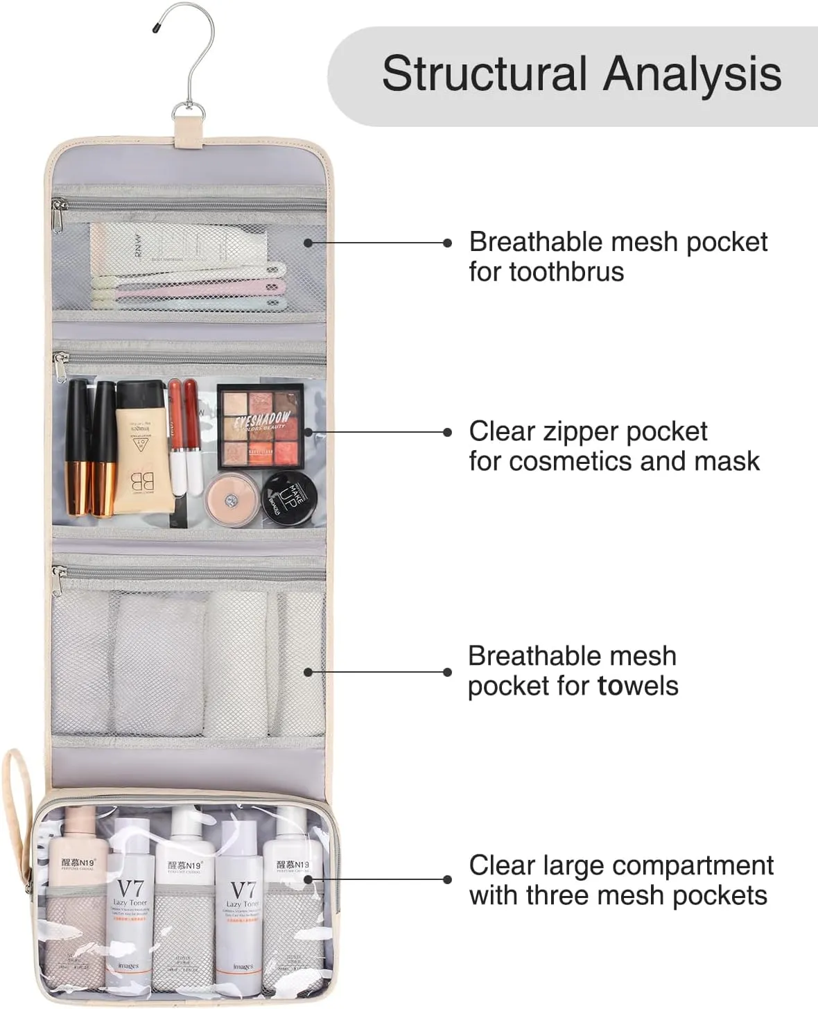 Relavel Travel Hanging Toiletry Bag, Waterproof Hanging Toiletries Bag for Women, Compact Cosmetic Bag Organizer with Hanging Hook, Makeup Organizer for Bathroom Shower (Off-White)