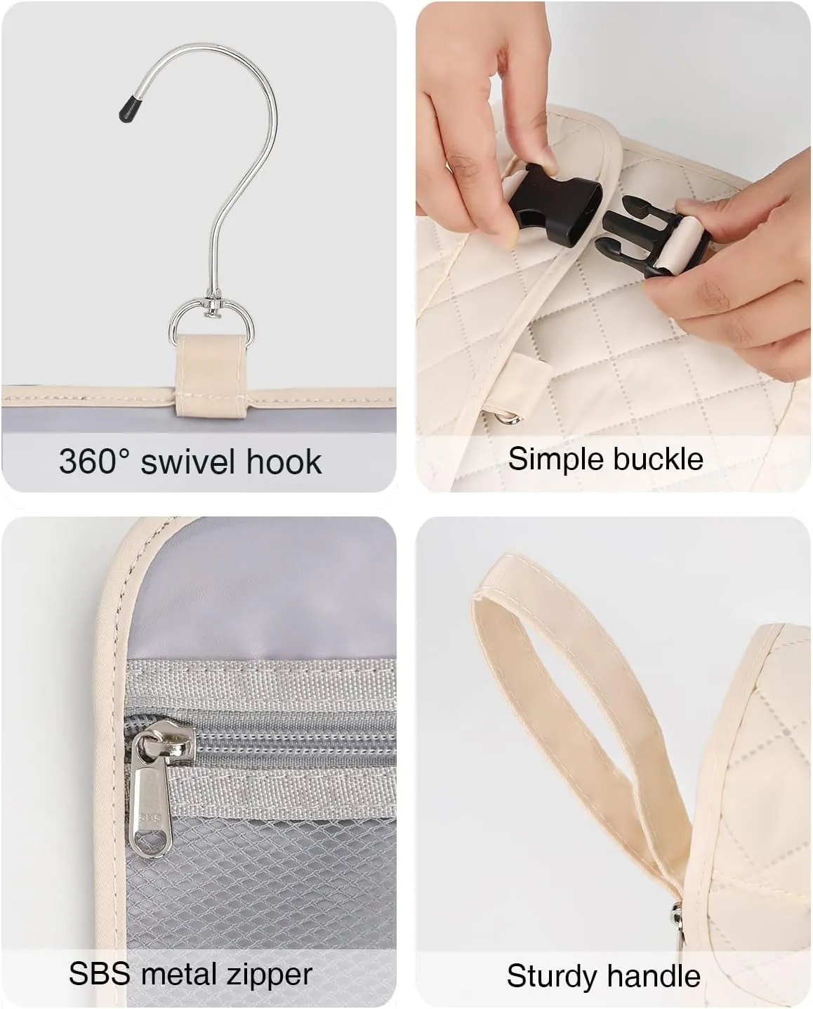 Relavel Travel Hanging Toiletry Bag, Waterproof Hanging Toiletries Bag for Women, Compact Cosmetic Bag Organizer with Hanging Hook, Makeup Organizer for Bathroom Shower (Off-White)