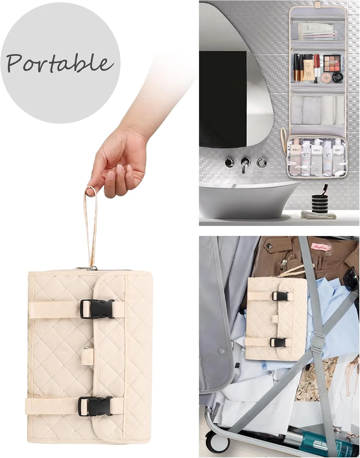 Relavel Travel Hanging Toiletry Bag, Waterproof Hanging Toiletries Bag for Women, Compact Cosmetic Bag Organizer with Hanging Hook, Makeup Organizer for Bathroom Shower (Off-White)