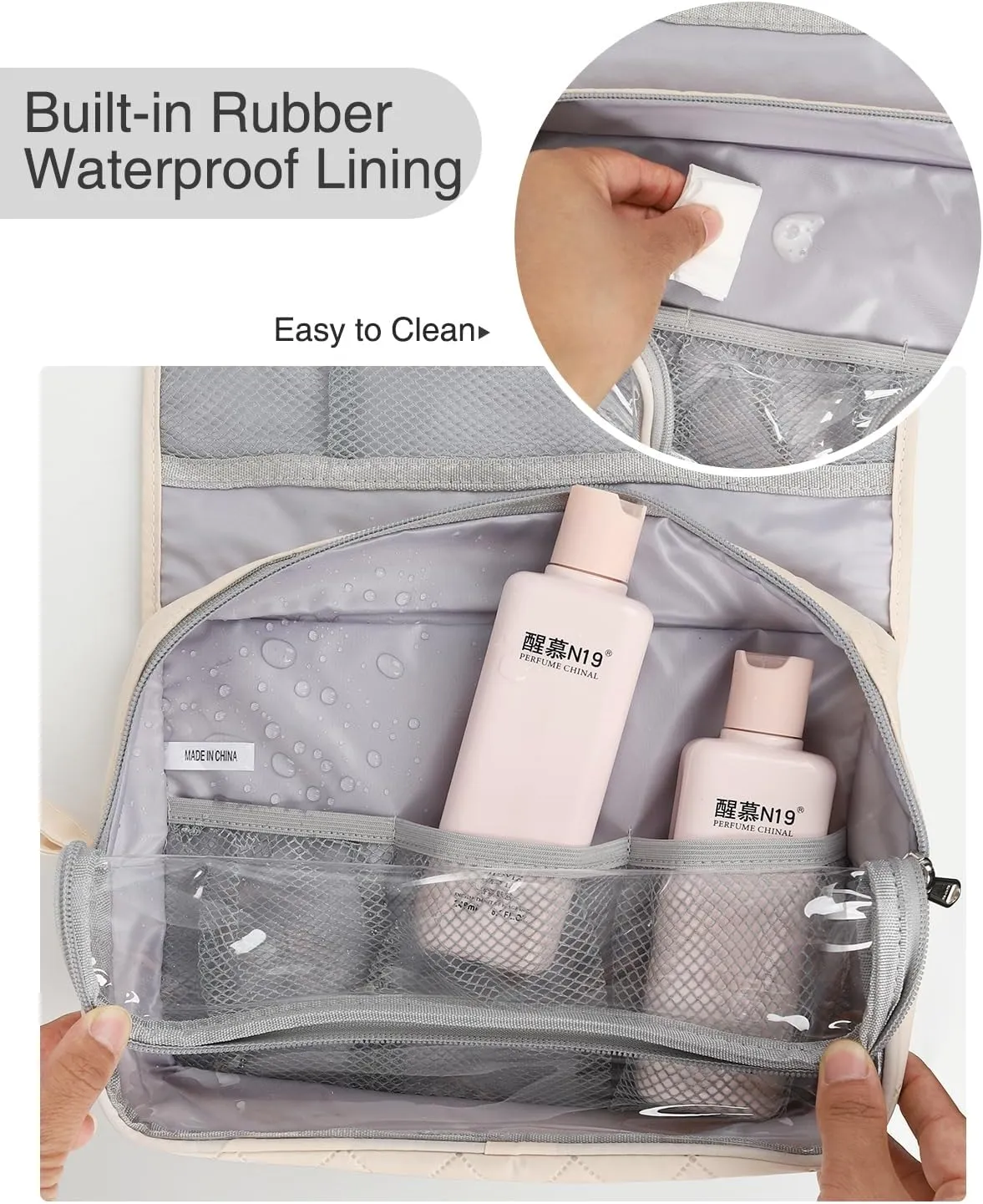 Relavel Travel Hanging Toiletry Bag, Waterproof Hanging Toiletries Bag for Women, Compact Cosmetic Bag Organizer with Hanging Hook, Makeup Organizer for Bathroom Shower (Off-White)